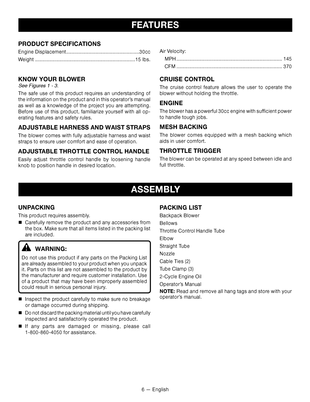 Ryobi RY09800 manuel dutilisation Features, Assembly 