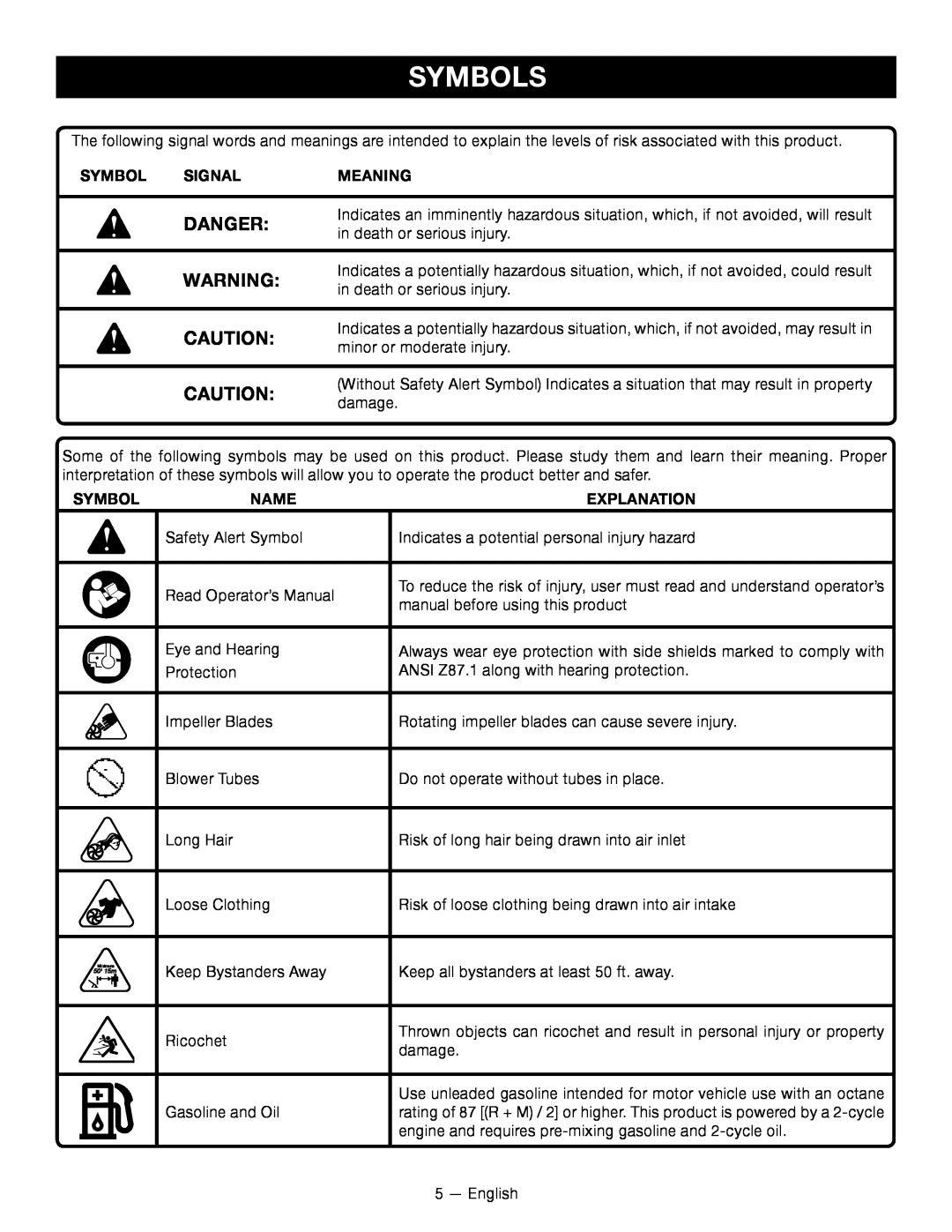 Ryobi RY09800 manuel dutilisation Symbols, Danger, Signal, Meaning, Name, Explanation 