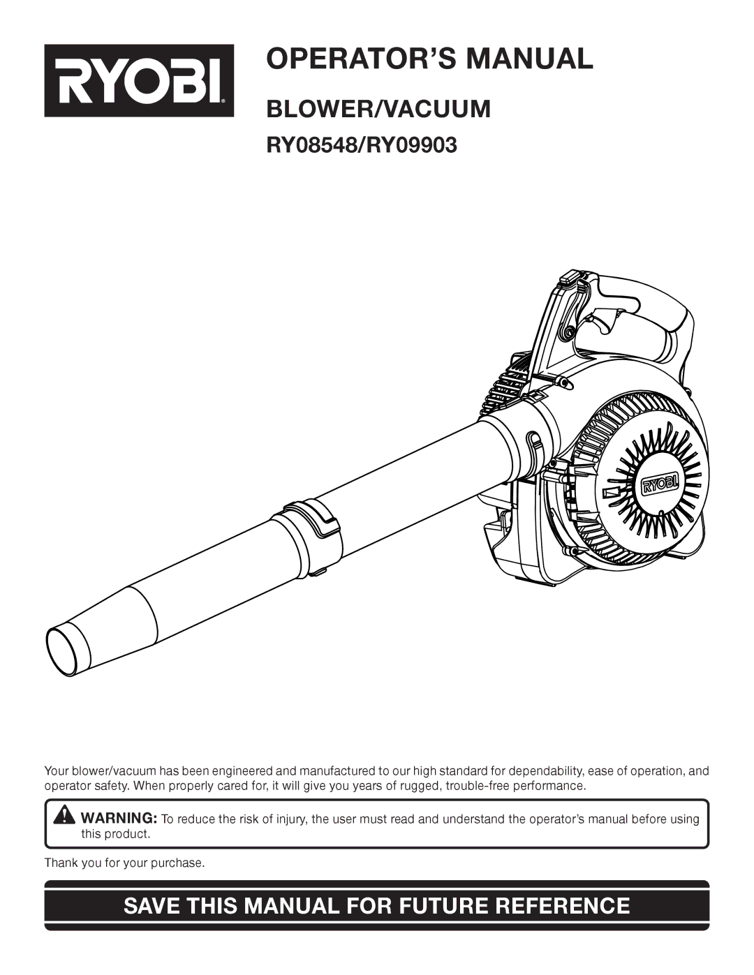 Ryobi RY09903 manual OPERATOR’S Manual, Save this Manual for Future Reference 