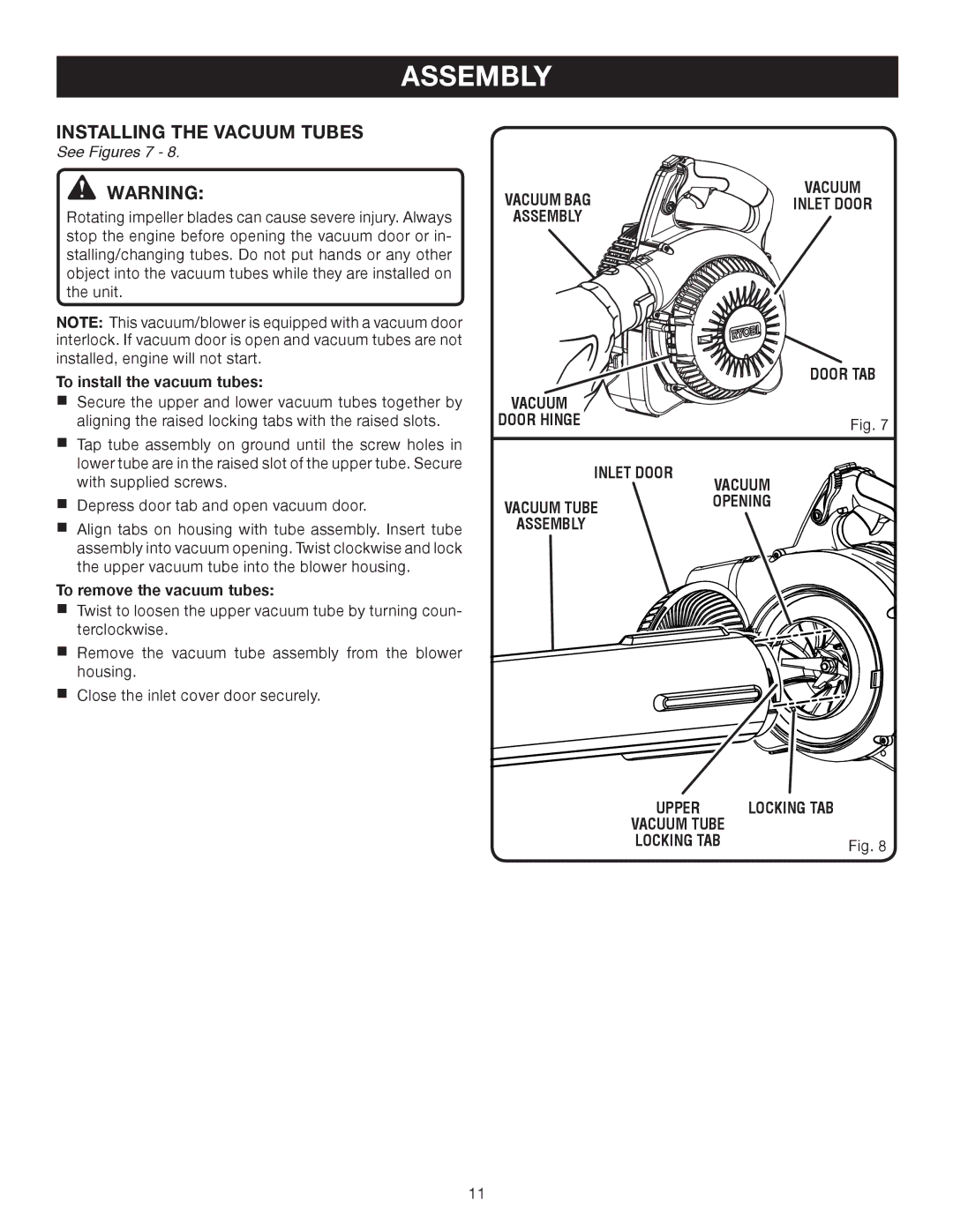 Ryobi RY09903 Installing the Vacuum Tubes, See Figures 7, Inlet Door Vacuum, Vacuum Tubeopening Assembly, Locking TAB 