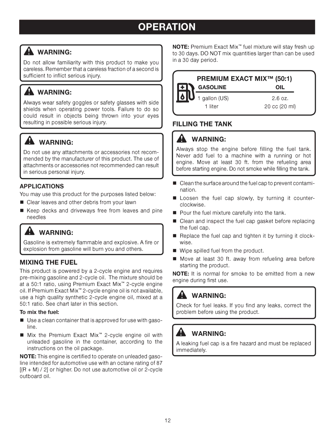 Ryobi RY09903 manual Operation, Mixing the Fuel, Premium Exact MIX, Filling the Tank, Applications 