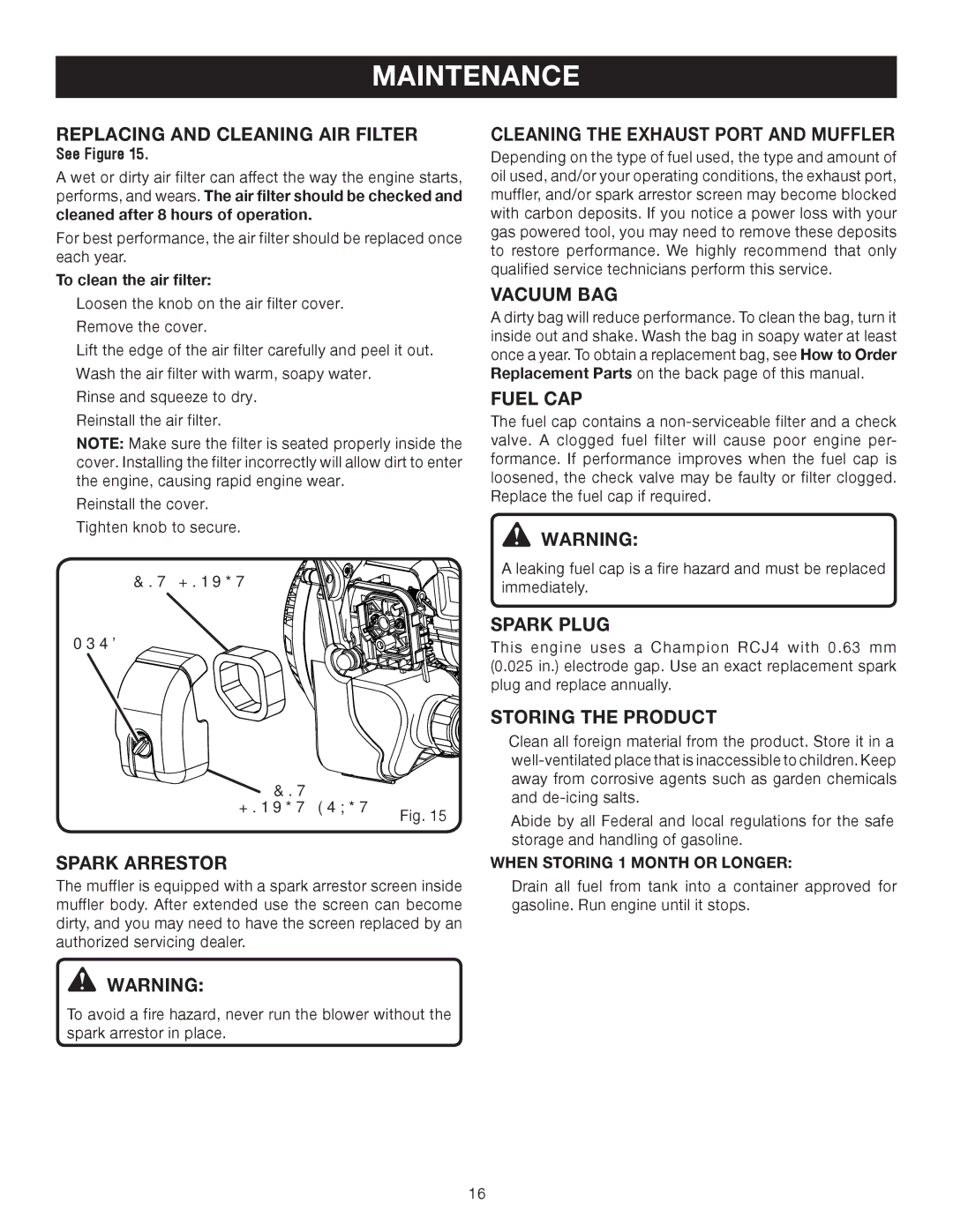 Ryobi RY09903 manual Replacing and Cleaning AIR Filter, Spark Arrestor, Cleaning the Exhaust Port and Muffler, Vacuum BAG 