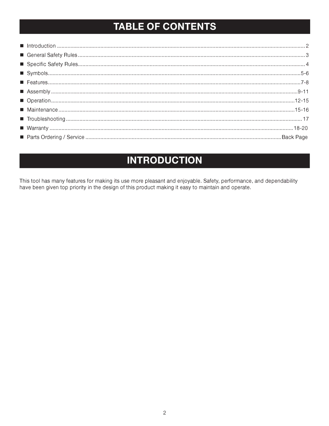 Ryobi RY09903 manual Introduction, Table of Contents 