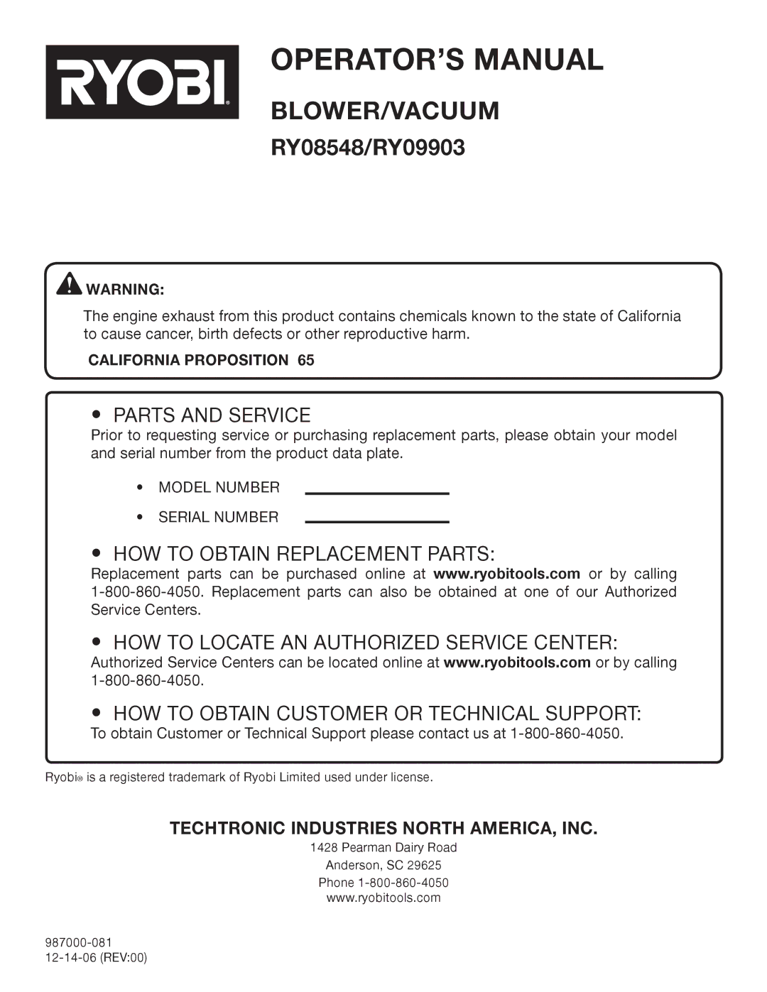 Ryobi RY09903 manual Parts and Service, California Proposition 