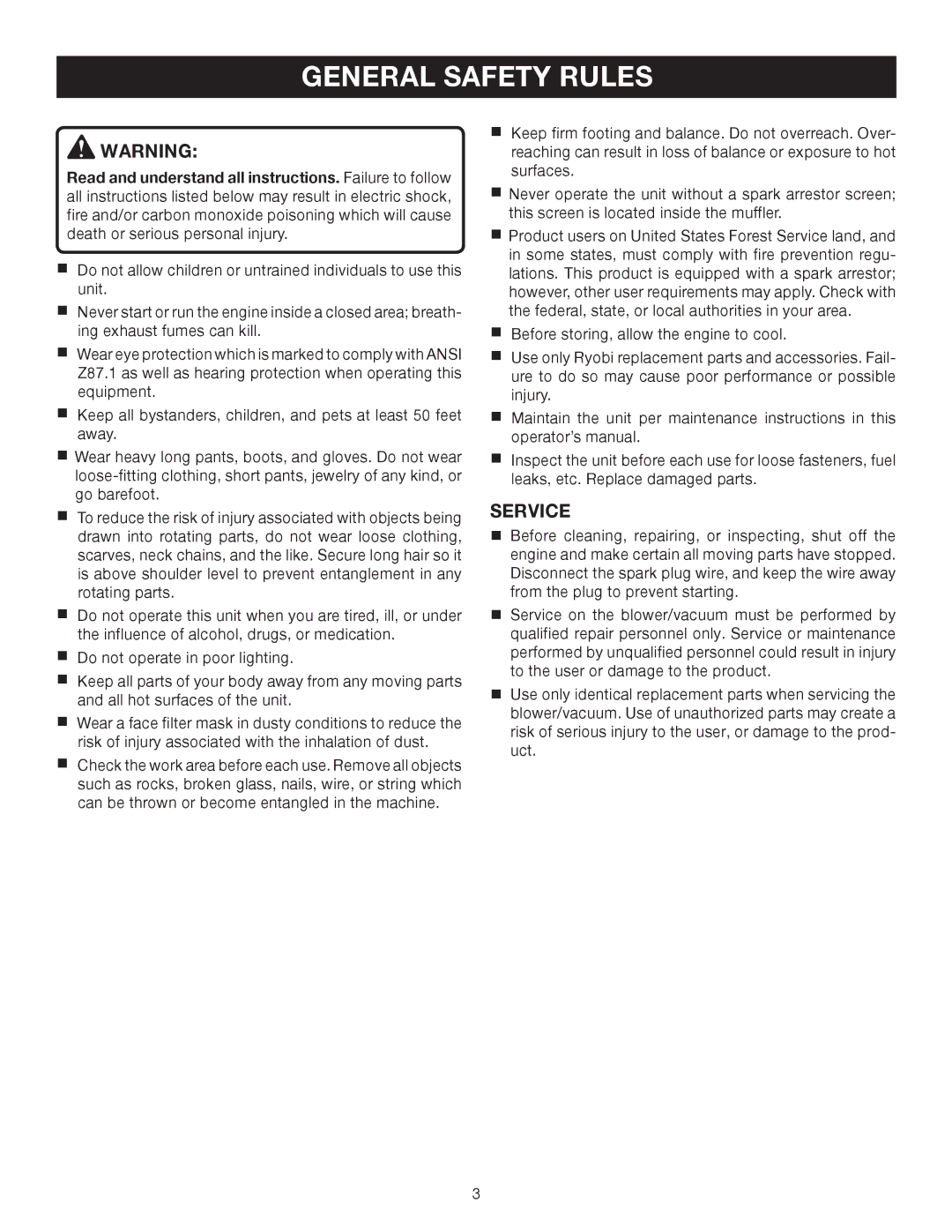 Ryobi RY09903 manual General Safety Rules, Service 