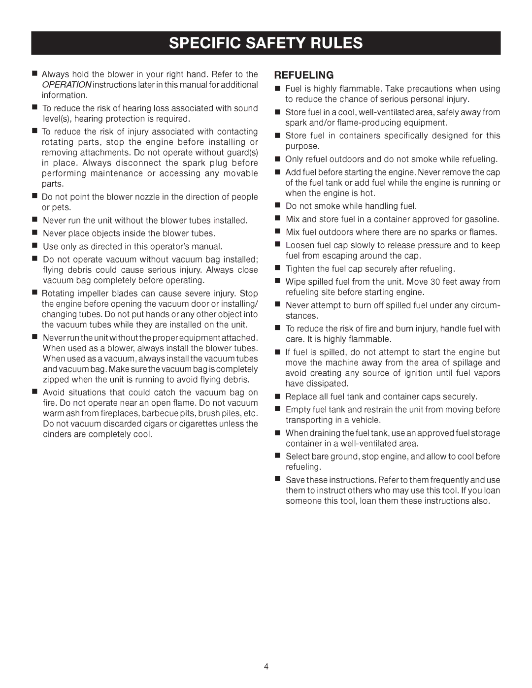 Ryobi RY09903 manual Specific Safety Rules, Refueling 