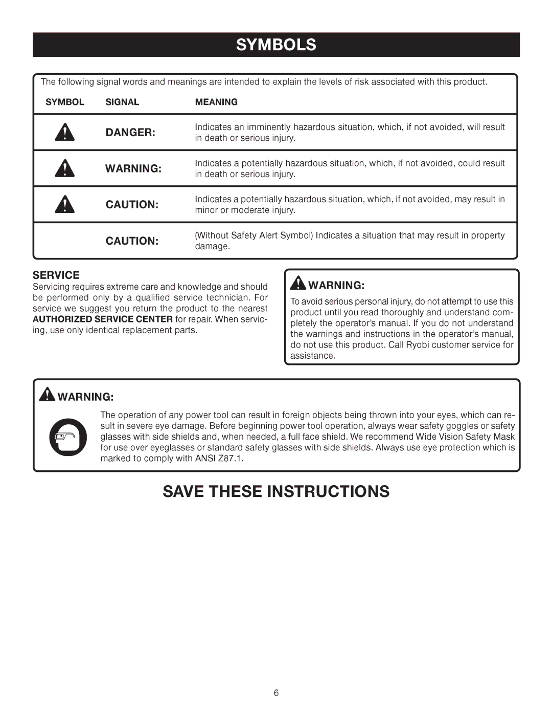 Ryobi RY09903 manual Service, Symbol Signal Meaning 