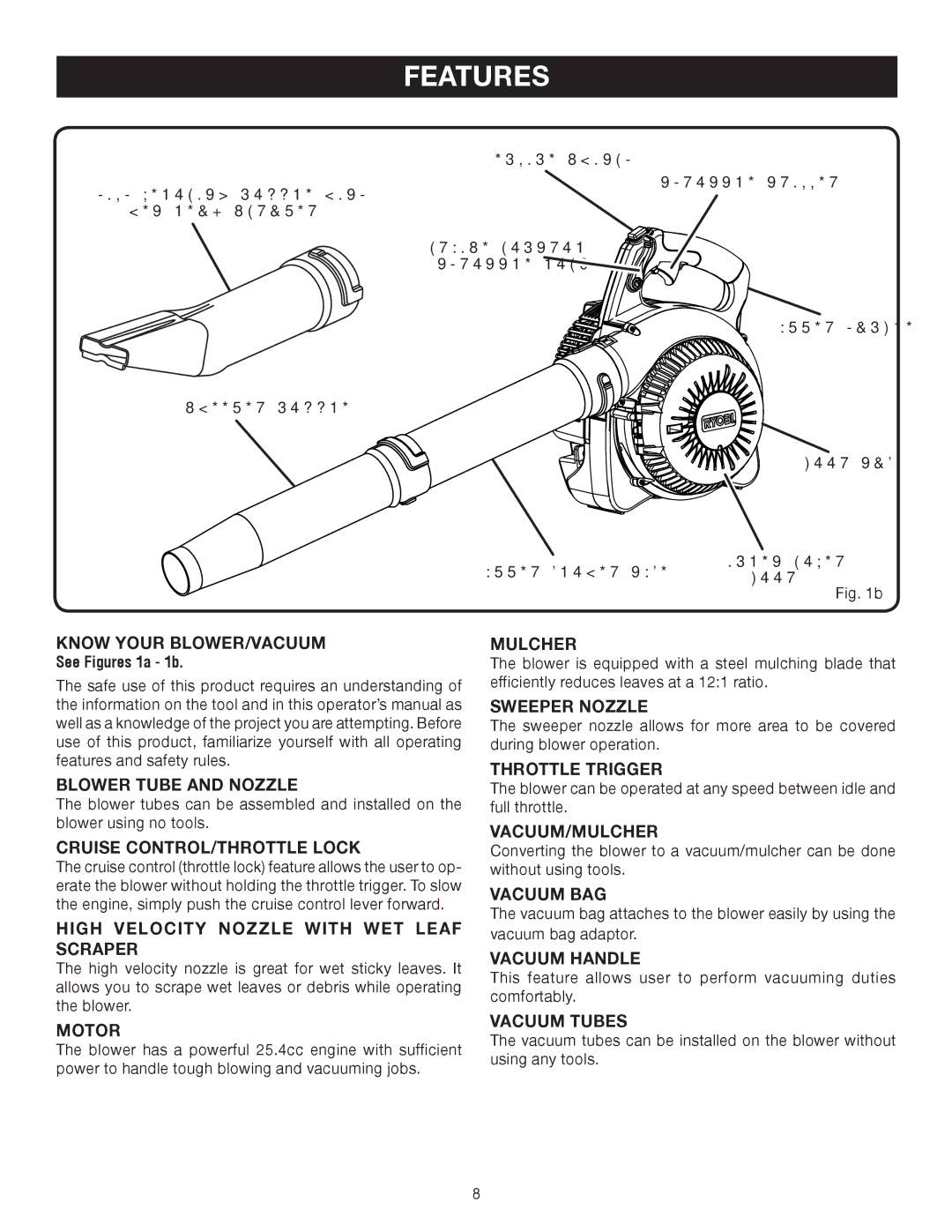 Ryobi RY09903 Know Your BLOWER/VACUUM, Blower Tube and Nozzle, Cruise CONTROL/THROTTLE Lock, Motor, Mulcher, Vacuum BAG 