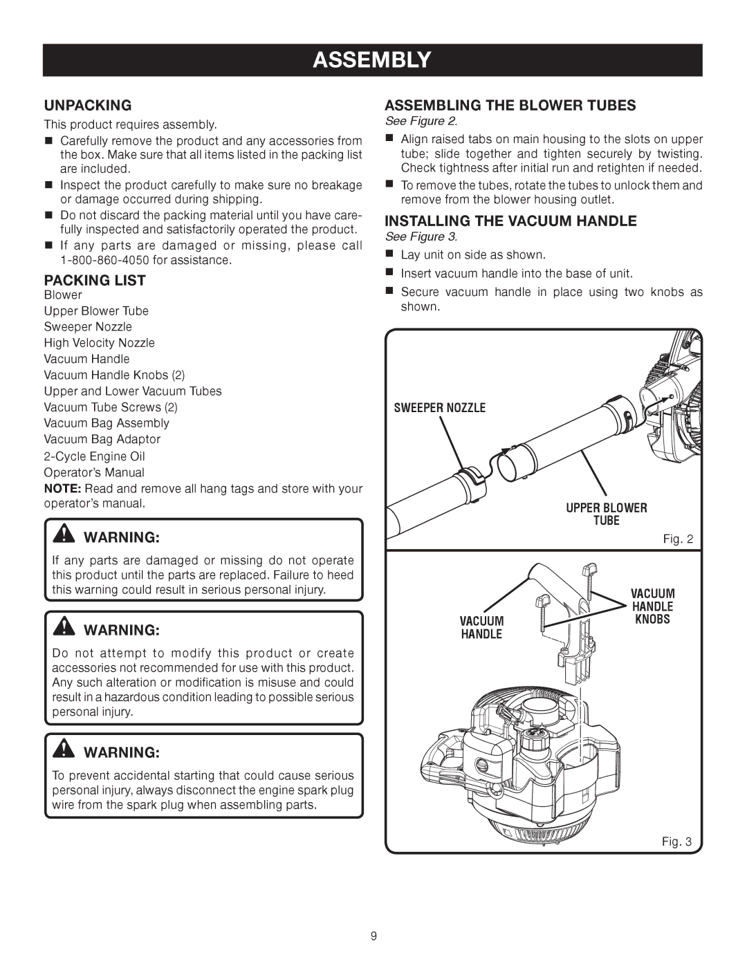 Ryobi RY09903 manual Assembly, Unpacking, Packing List, Assembling the Blower Tubes, Installing the Vacuum Handle 