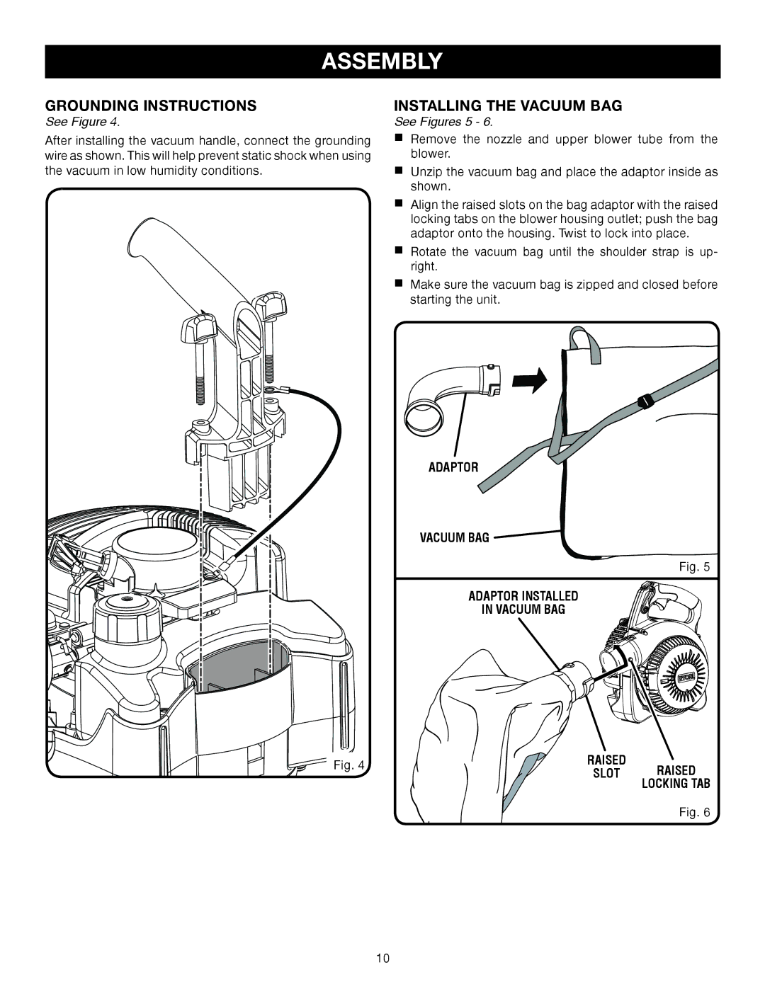 Ryobi RY09905, RY08552 manual Grounding instructions, Installing the vacuum bag, See Figures 5 