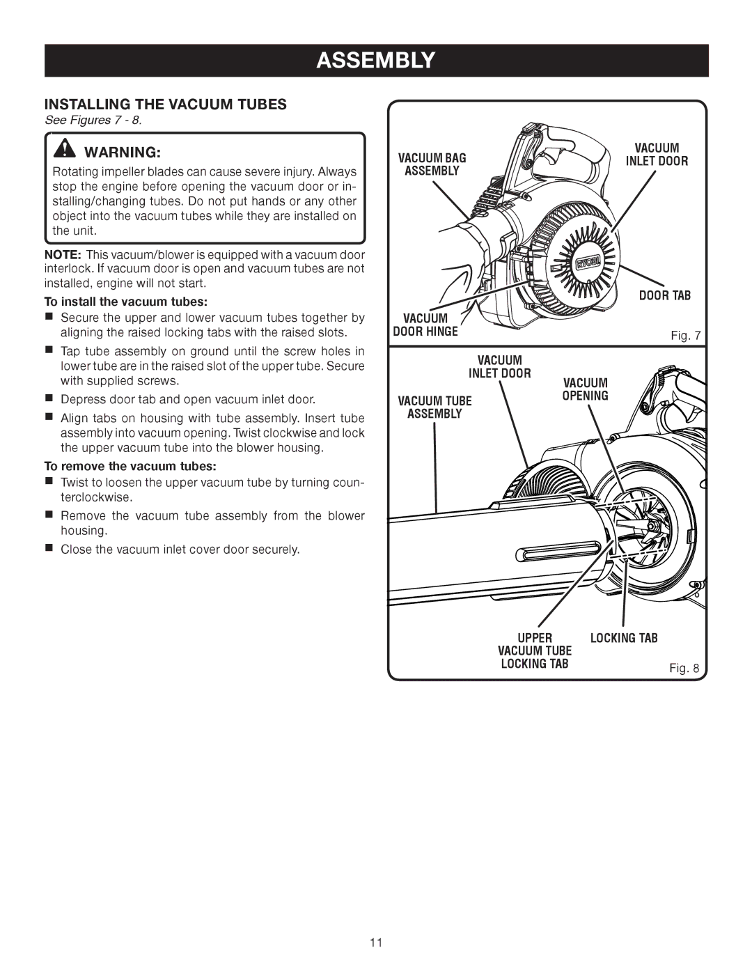 Ryobi RY08552, RY09905 manual Installing the vacuum tubes, See Figures 7 