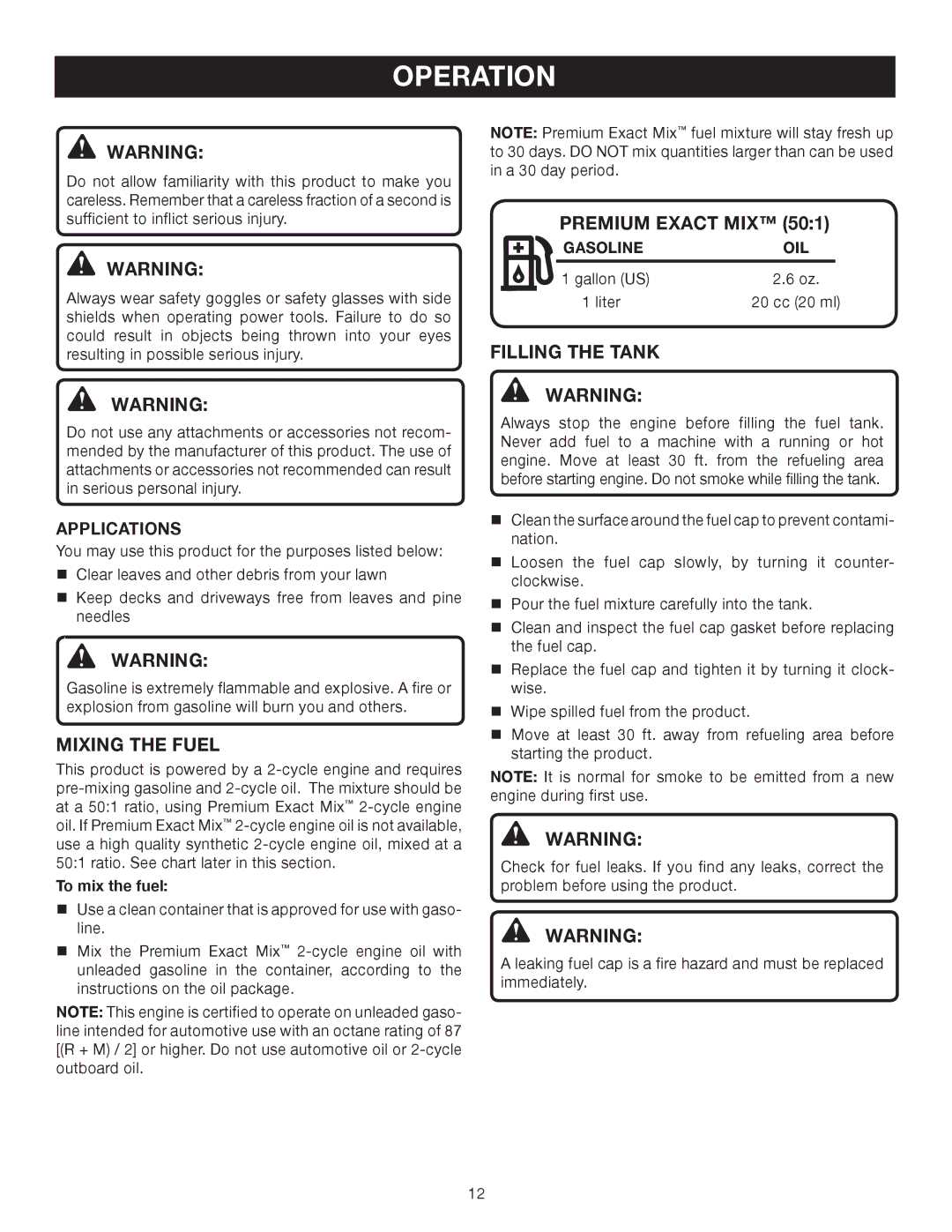 Ryobi RY09905, RY08552 manual Operation, Mixing the fuel, Premium Exact MIX, Filling the Tank, Applications 