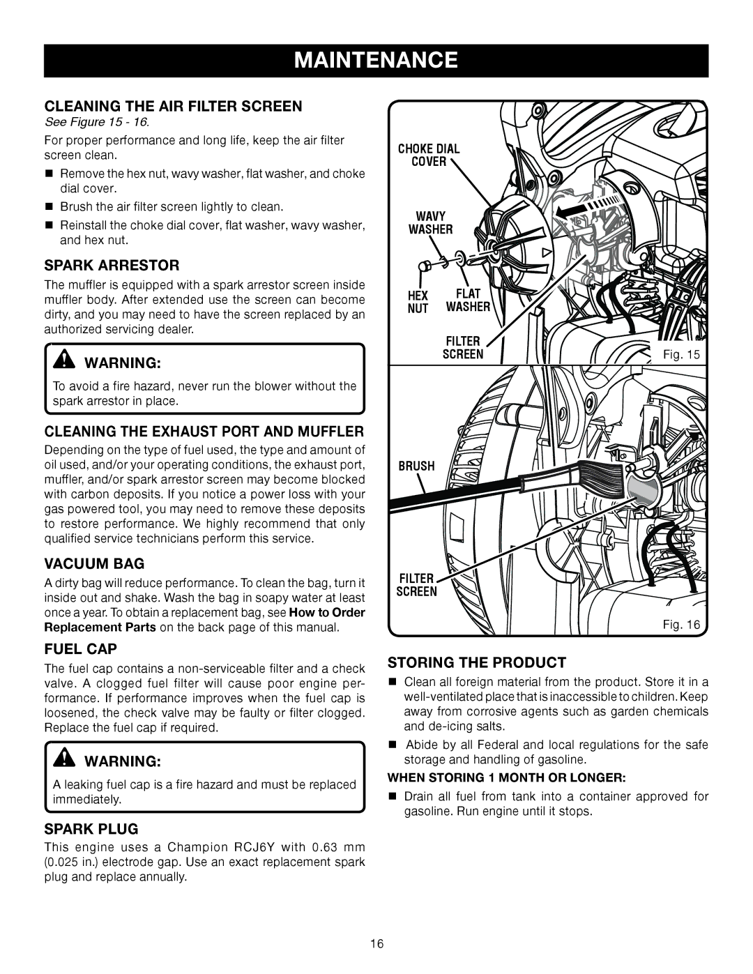 Ryobi RY09905, RY08552 manual Cleaning the AIR Filter Screen, Spark Arrestor, Vacuum BAG, Fuel CAP, Spark Plug 