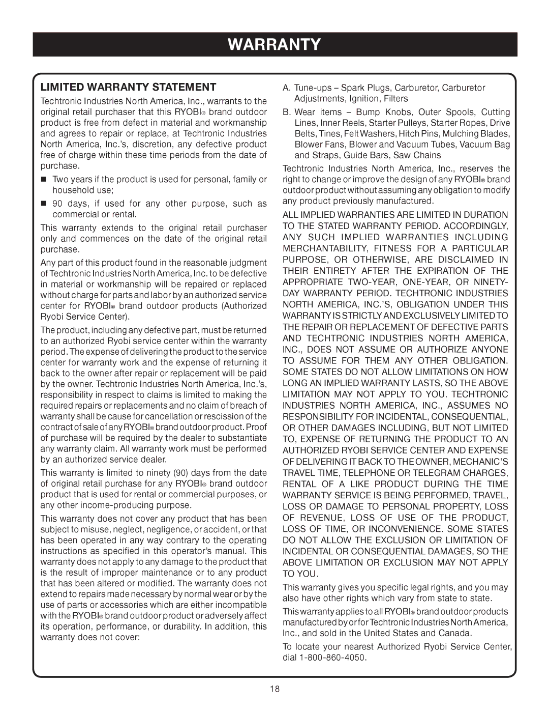 Ryobi RY09905, RY08552 manual Limited Warranty Statement 