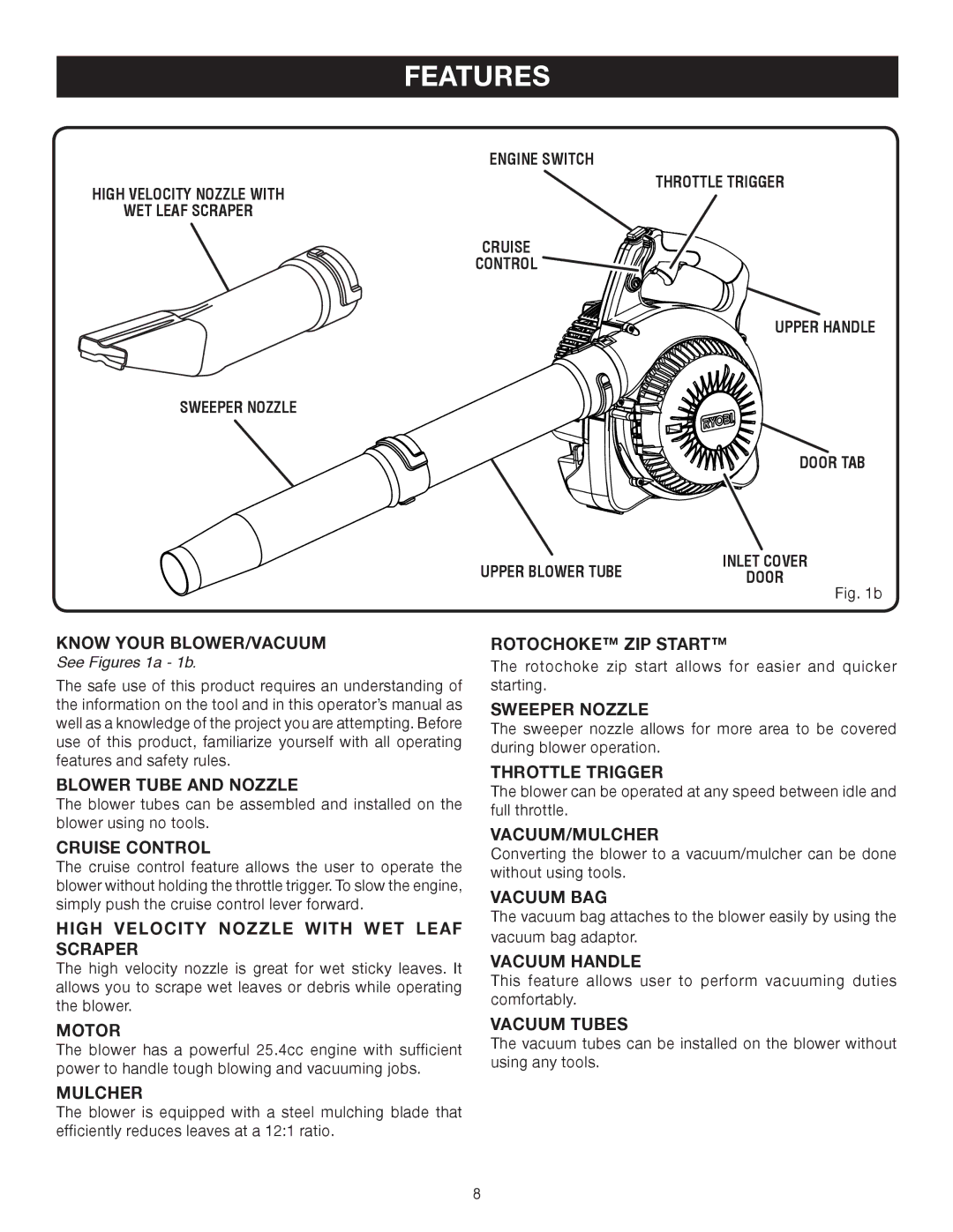 Ryobi RY09905, RY08552 manual Motor, Rotochoke ZIP Start, Throttle Trigger, See Figures 1a 1b 