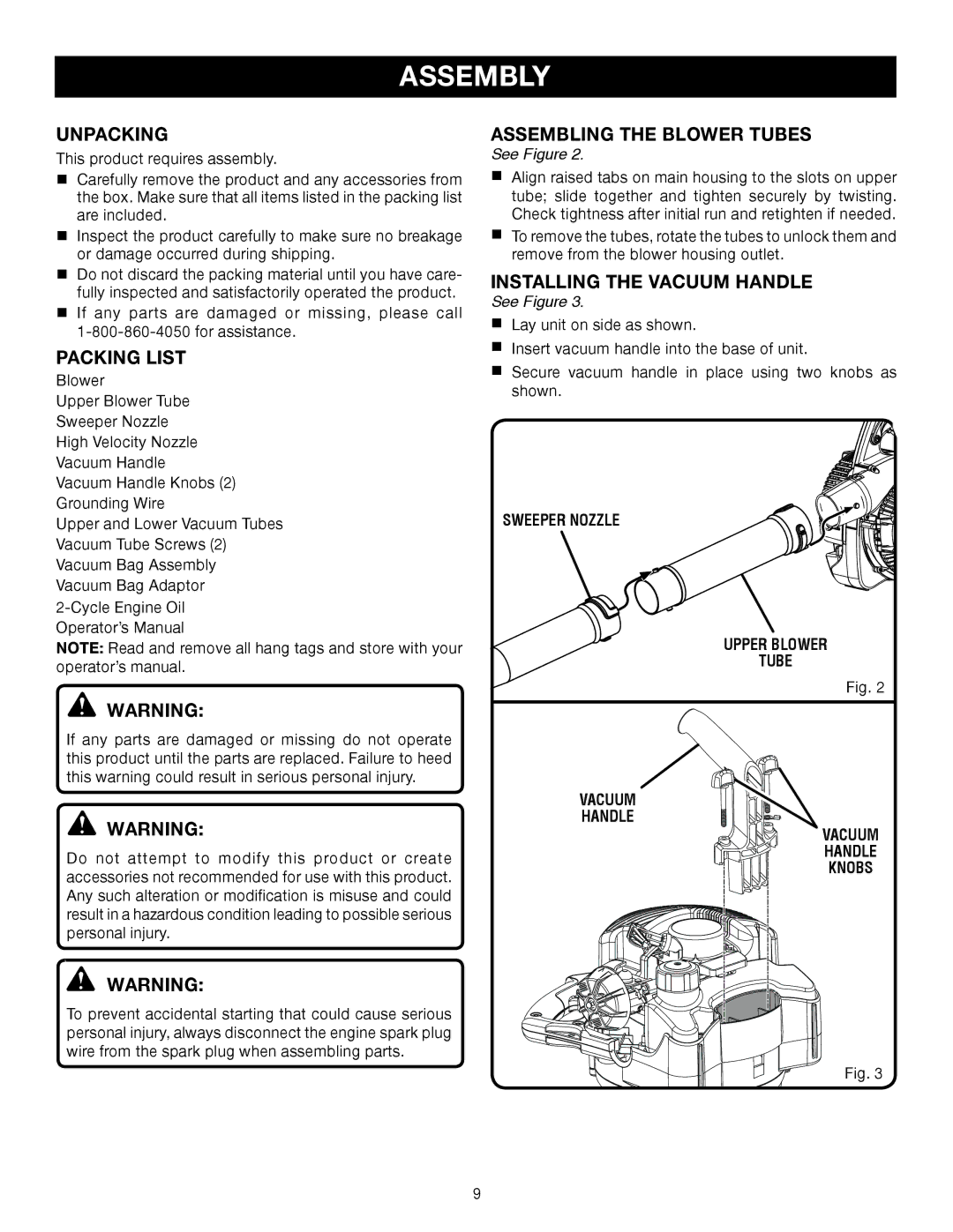 Ryobi RY08552, RY09905 manual Assembly, Unpacking, Packing List, Assembling the Blower Tubes, InstalLING the Vacuum handle 