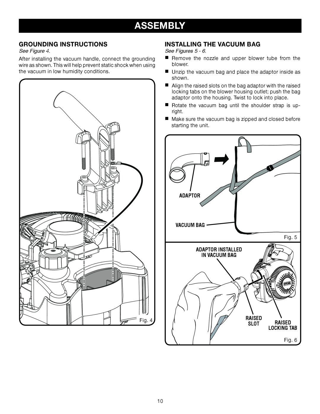 Ryobi RY09905, RY08552 grounding instructions, Installing the vacuum bag, Assembly, See Figures 5, adaptor vacuum bag 