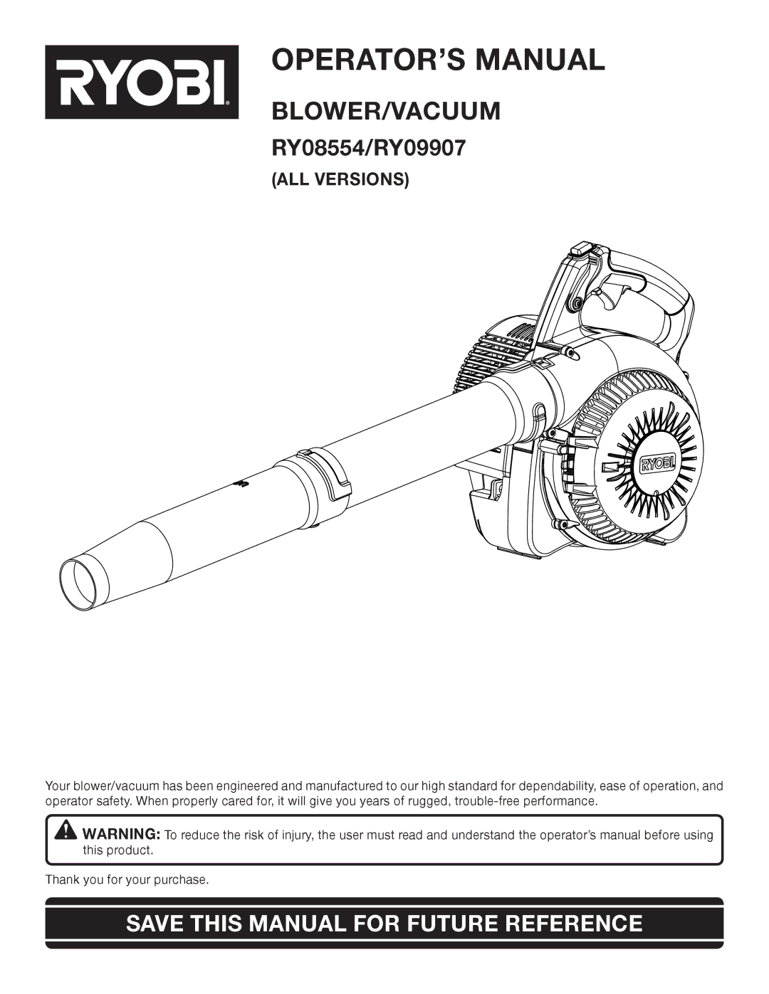 Ryobi RY08554, RY09907 manual OPERATOR’S Manual, Save this Manual for Future Reference 