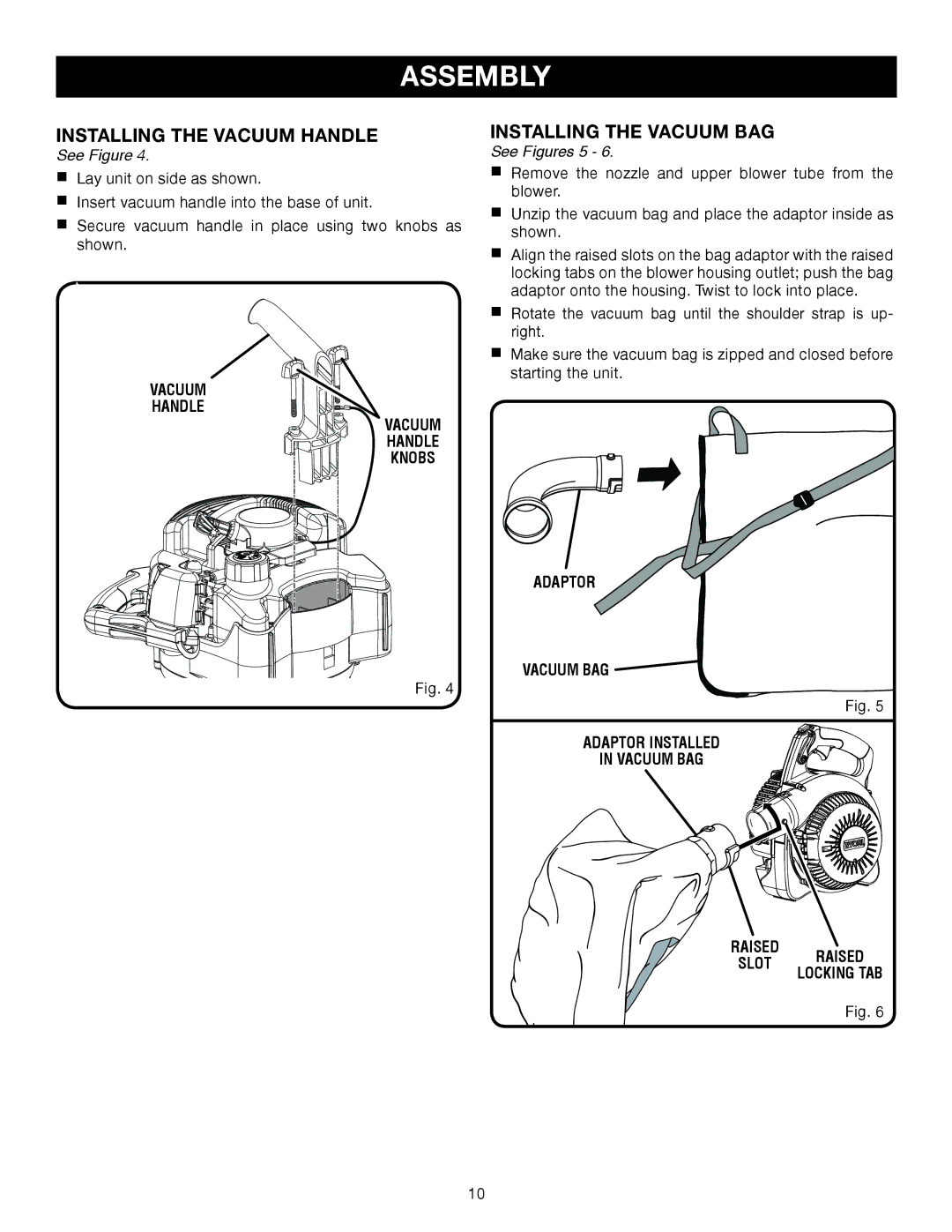 Ryobi RY09907 InstalLING the Vacuum handle, Installing the vacuum bag, Vacuum handle Vacuum handle knobs, See Figures 5 