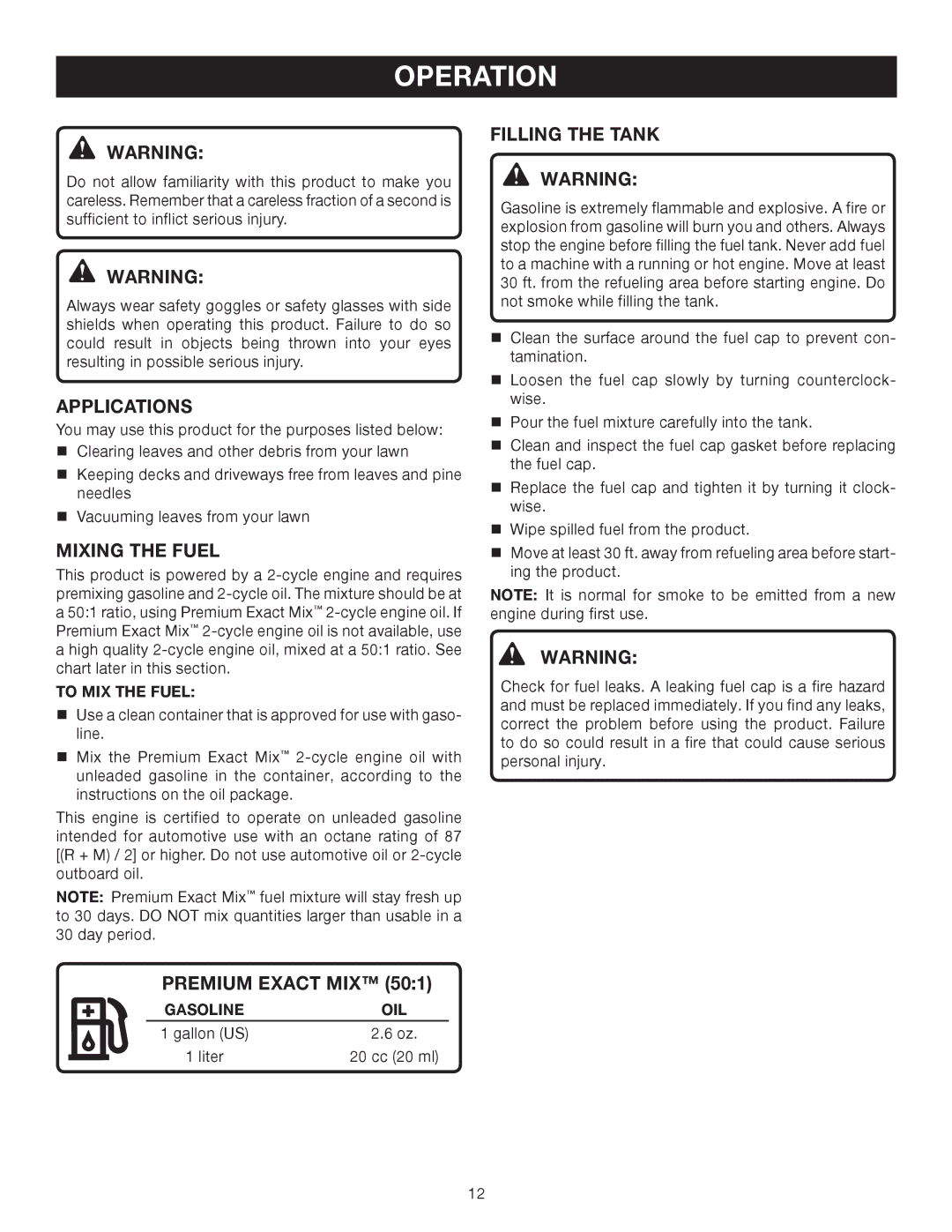 Ryobi RY09907, RY08554 manual Operation, Applications, Mixing the Fuel, Premium Exact MIX, Filling the Tank 