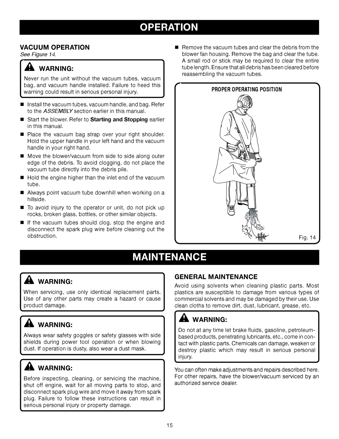 Ryobi RY08554, RY09907 manual Vacuum Operation, General Maintenance 