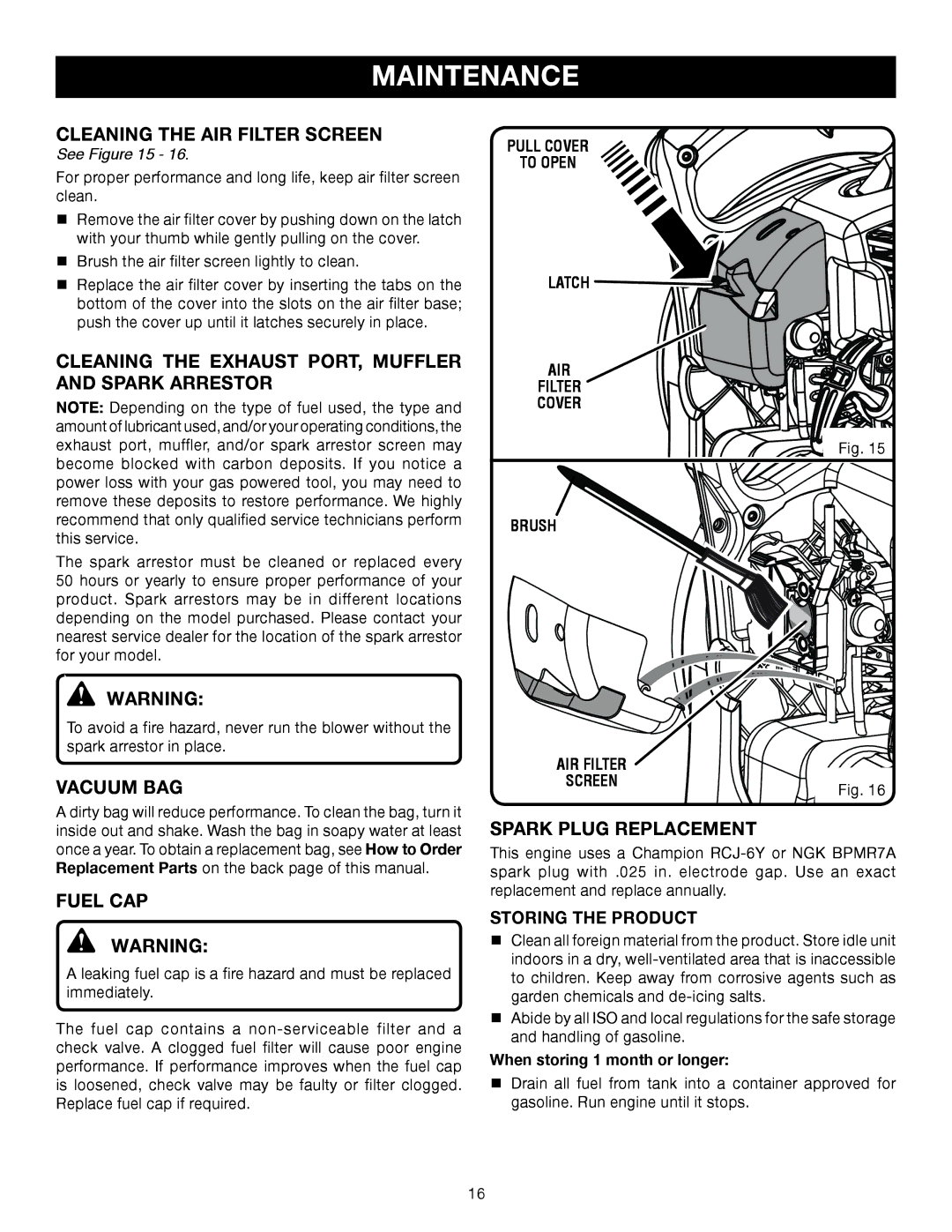 Ryobi RY09907 Cleaning the AIR Filter Screen, Cleaning the Exhaust PORT, Muffler and spark arrestor, Vacuum BAG, Fuel CAP 