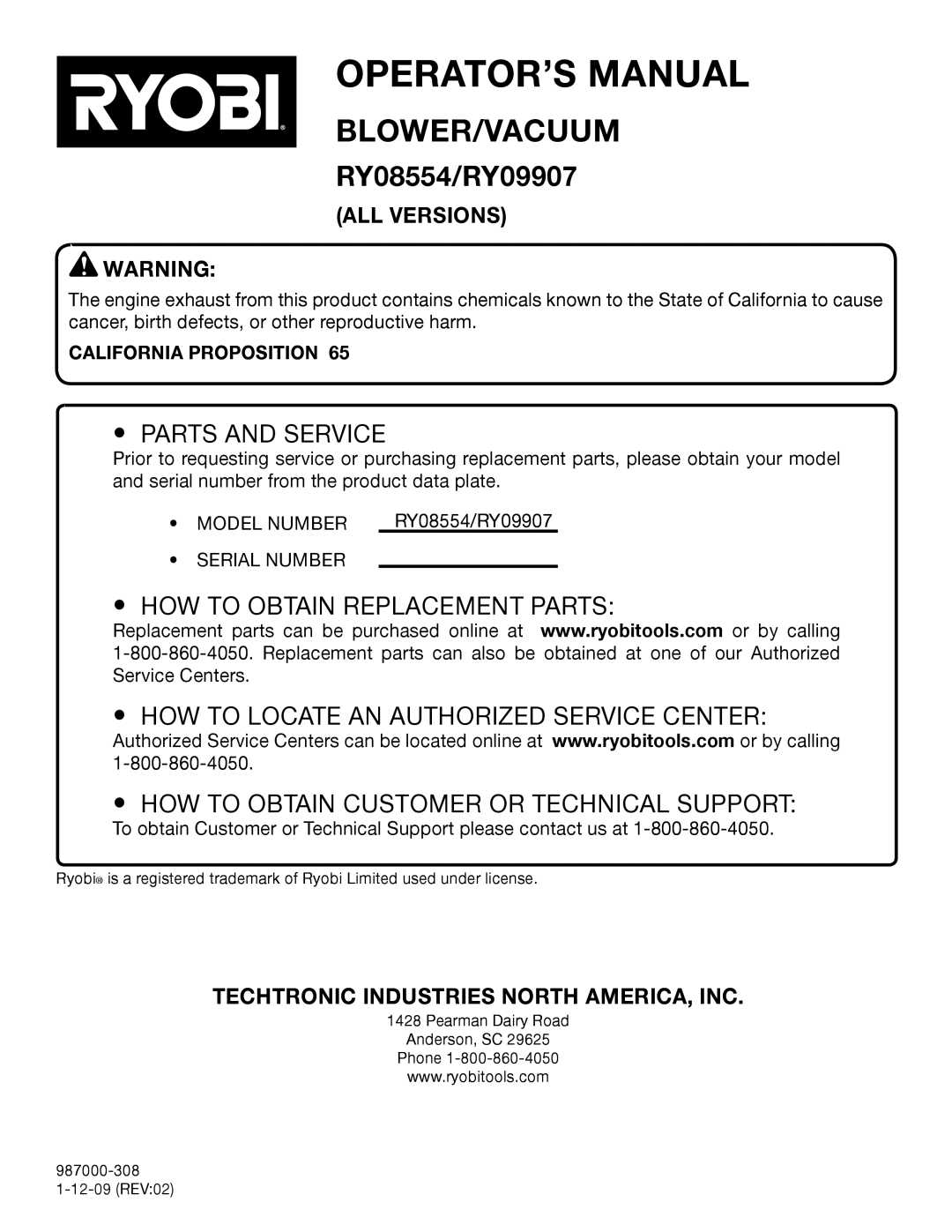 Ryobi RY09907, RY08554 manual Parts and Service, California Proposition 