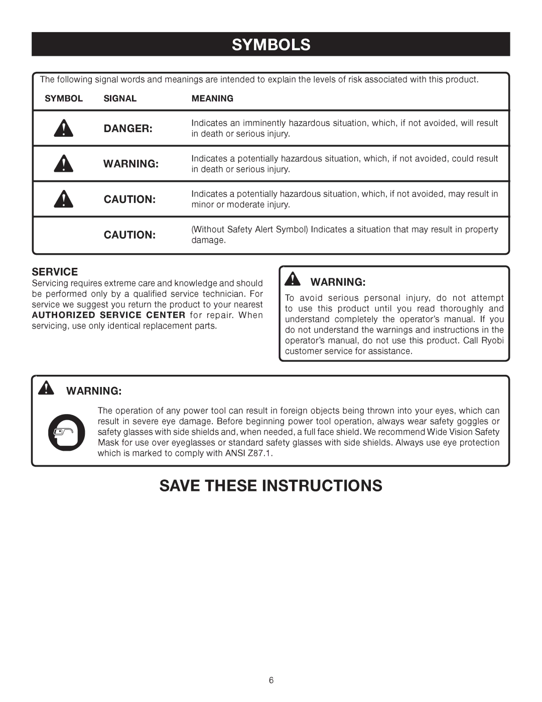 Ryobi RY09907, RY08554 manual Symbol Signal Meaning 