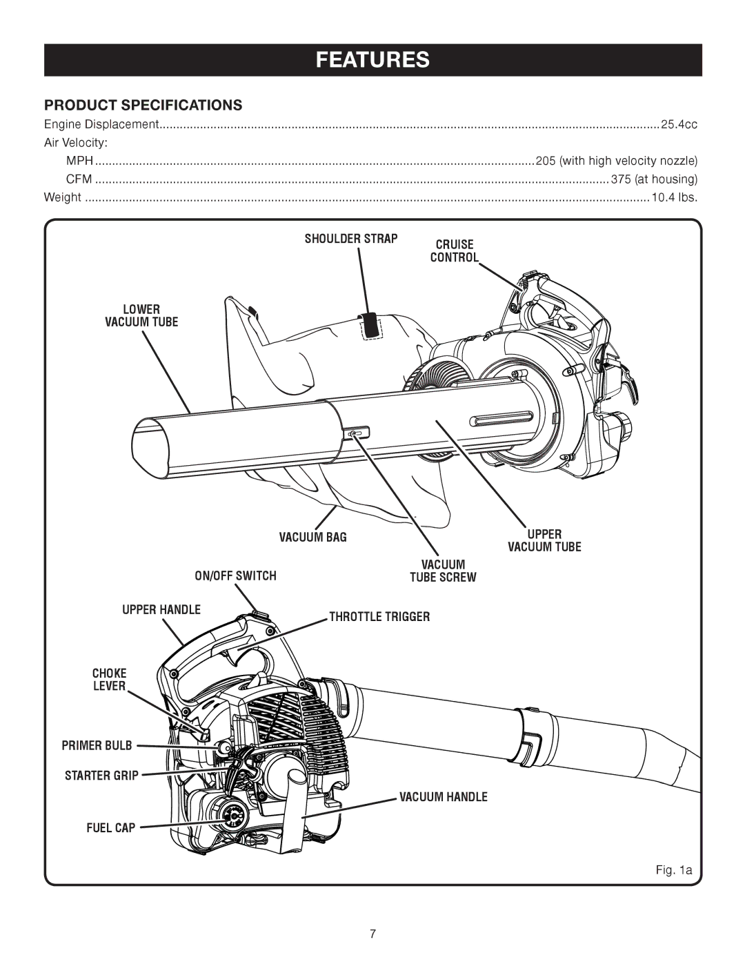 Ryobi RY08554, RY09907 manual Features, Product Specifications, Upper handle, Choke, Primer bulb 