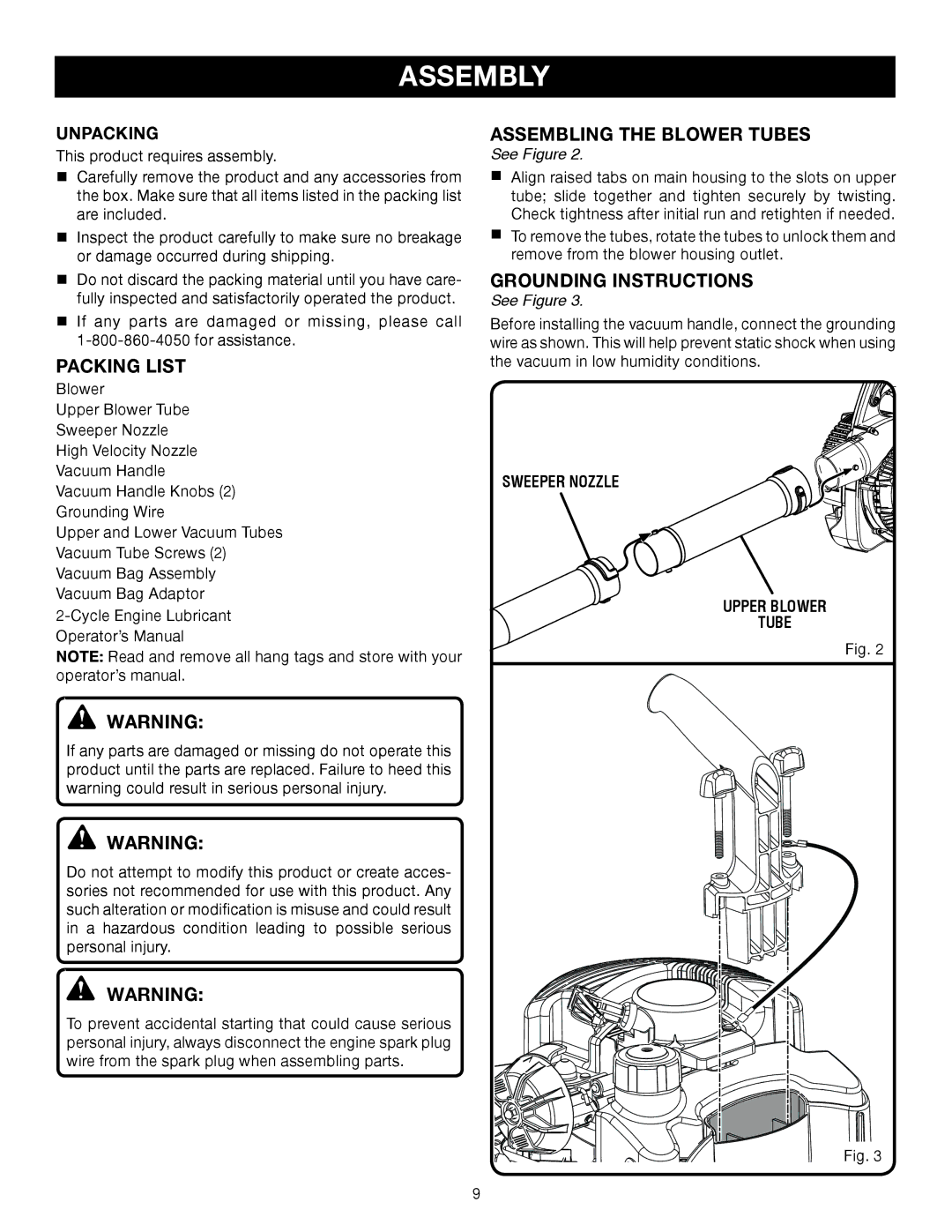 Ryobi RY08554, RY09907 manual Assembly, Packing List, Assembling the Blower Tubes, Grounding instructions, Unpacking 