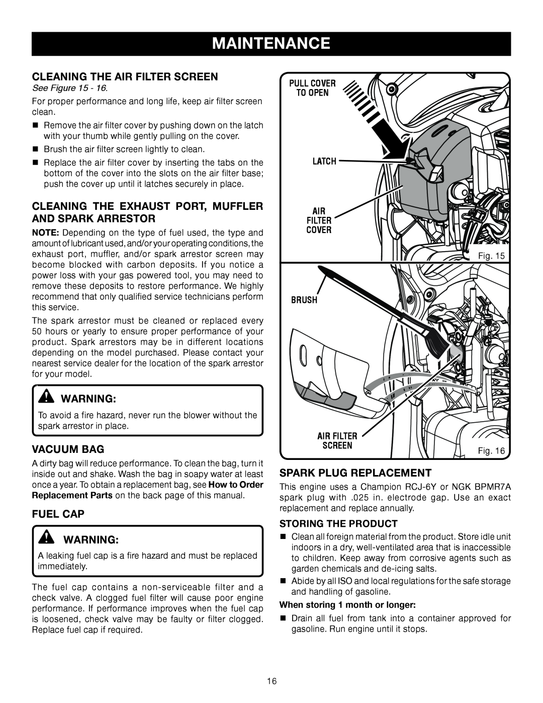 Ryobi RY09907 Cleaning The Air Filter Screen, CLEANING THE EXHAUST PORT, MUFFLER and spark arrestor, Vacuum Bag, Fuel Cap 