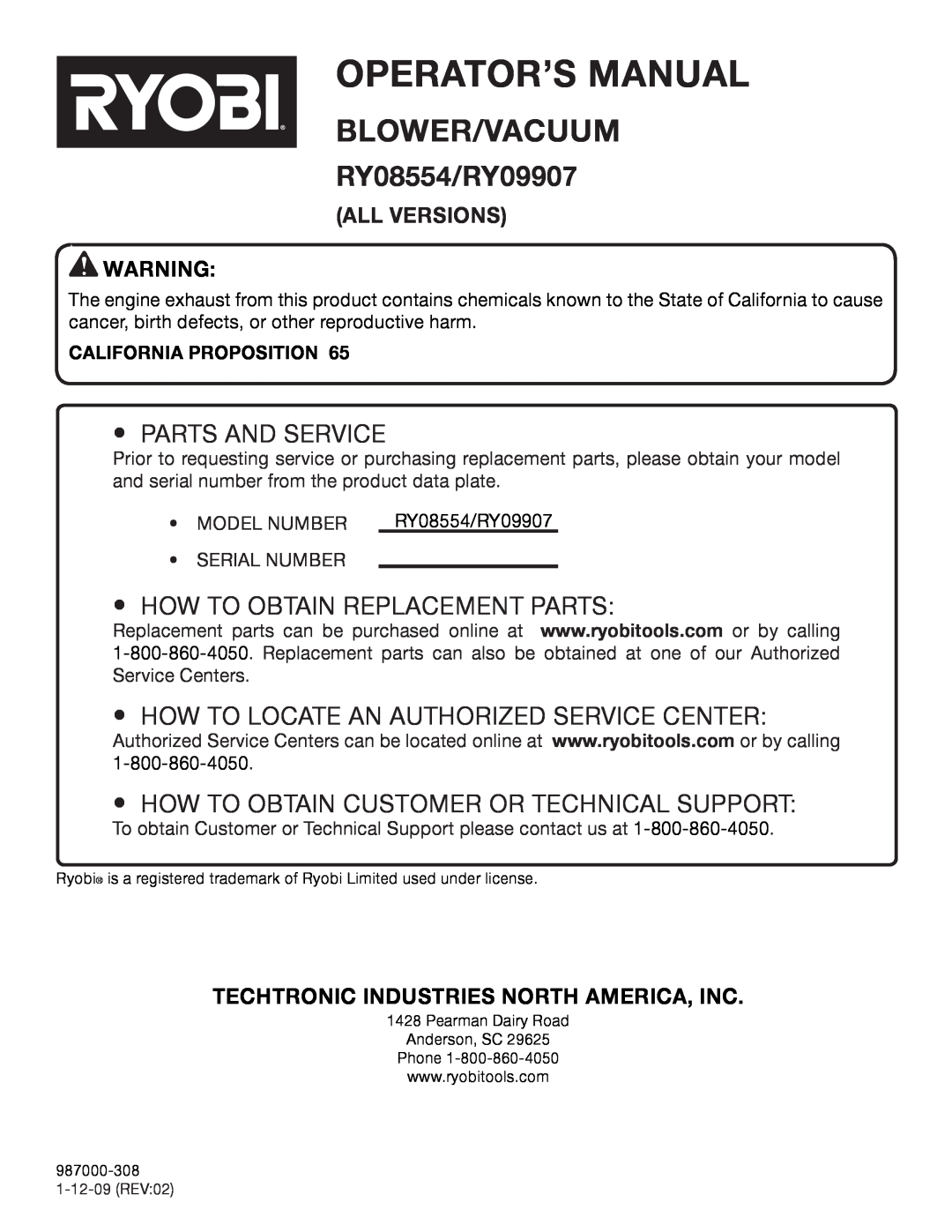 Ryobi RY09907, RY08554 Techtronic Industries North America, Inc, California Proposition, Operator’S Manual, Blower/Vacuum 