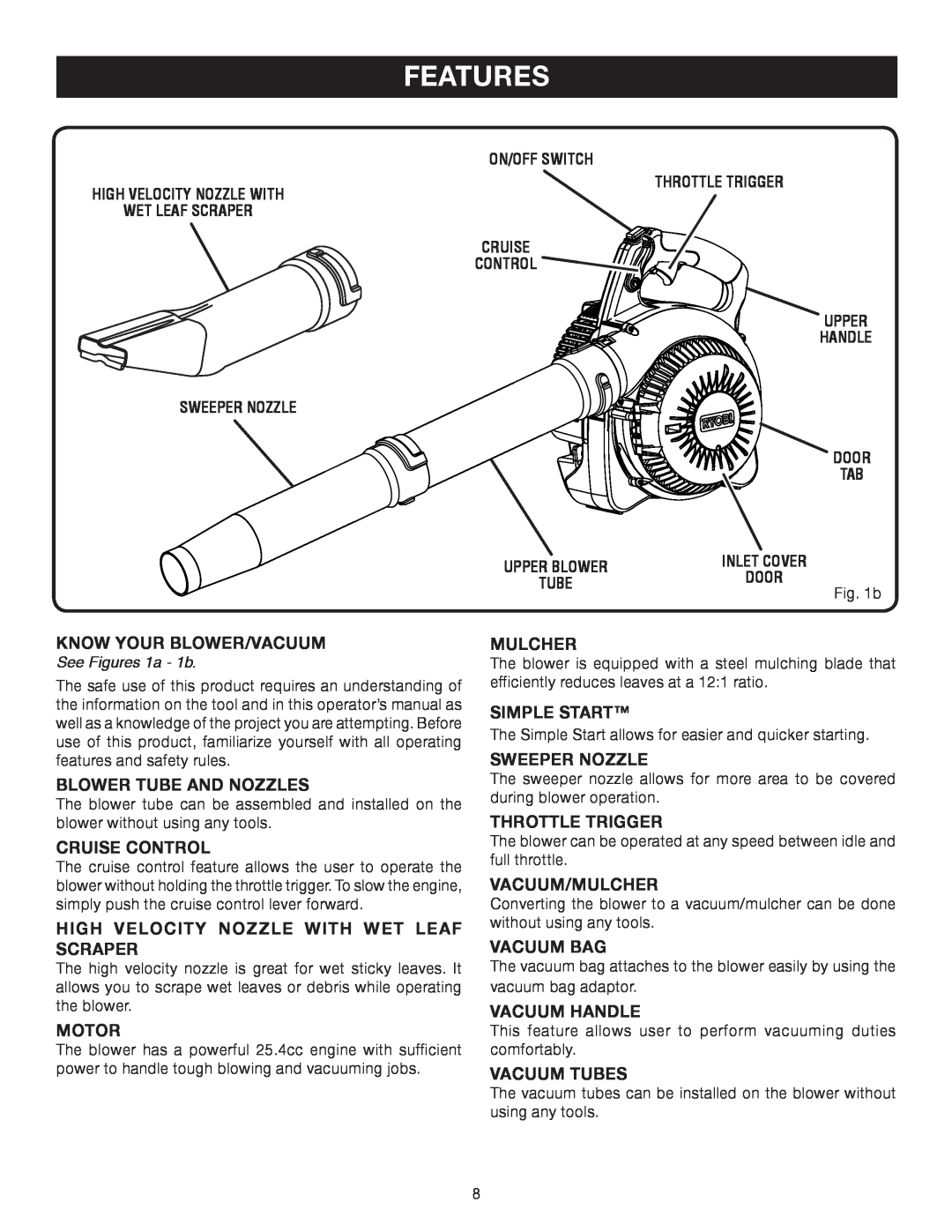 Ryobi RY09907, RY08554 manual Features, KNOW YOUR Blower/vacuum 