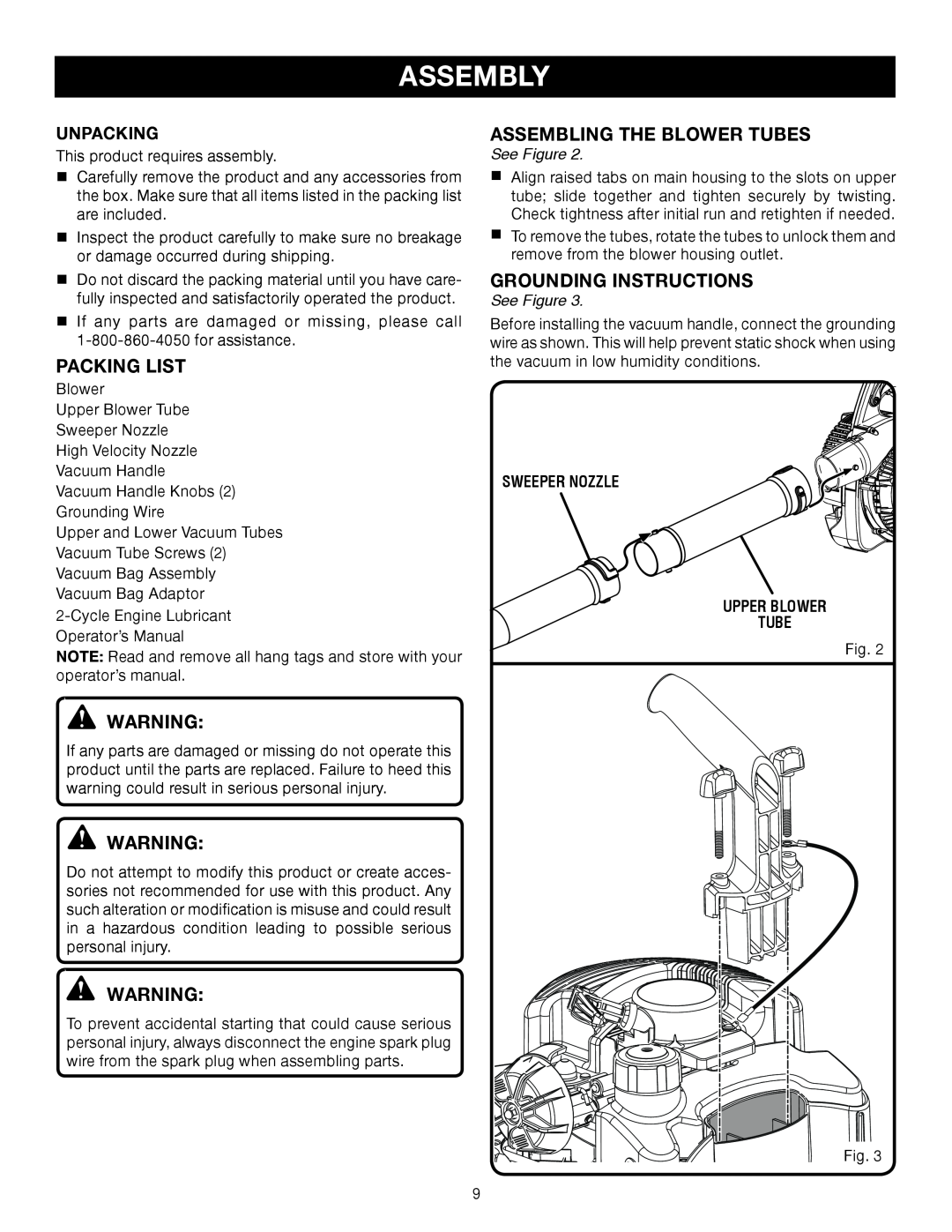 Ryobi RY08554, RY09907 manual Assembly, Packing List, Assembling The Blower Tubes, grounding instructions, See Figure 