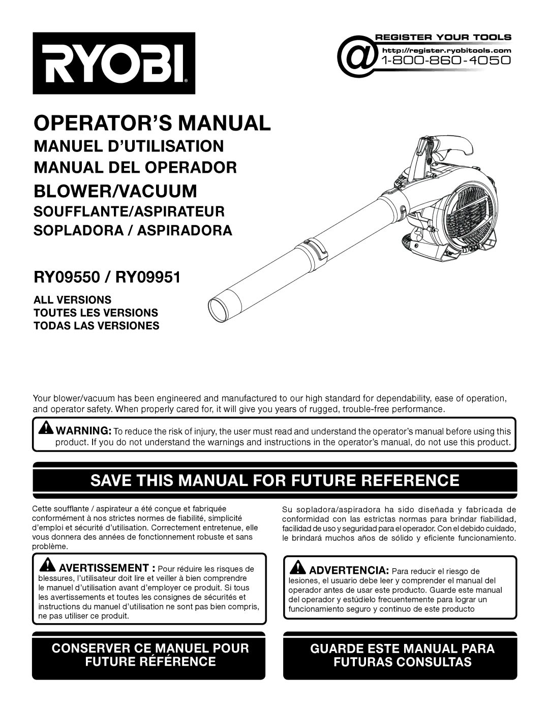 Ryobi RY09550, RY09951 manuel dutilisation Save this Manual for Future Reference 