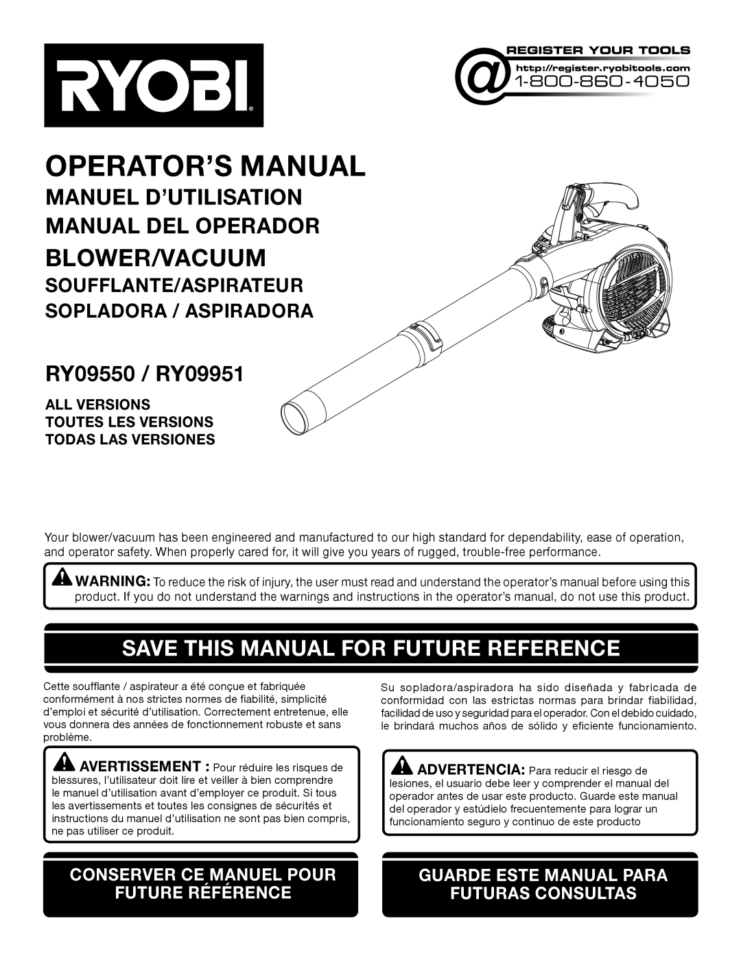 Ryobi RY09550 manuel dutilisation Blower/Vacuum, Save This Manual For Future Reference, All Versions Toutes Les Versions 