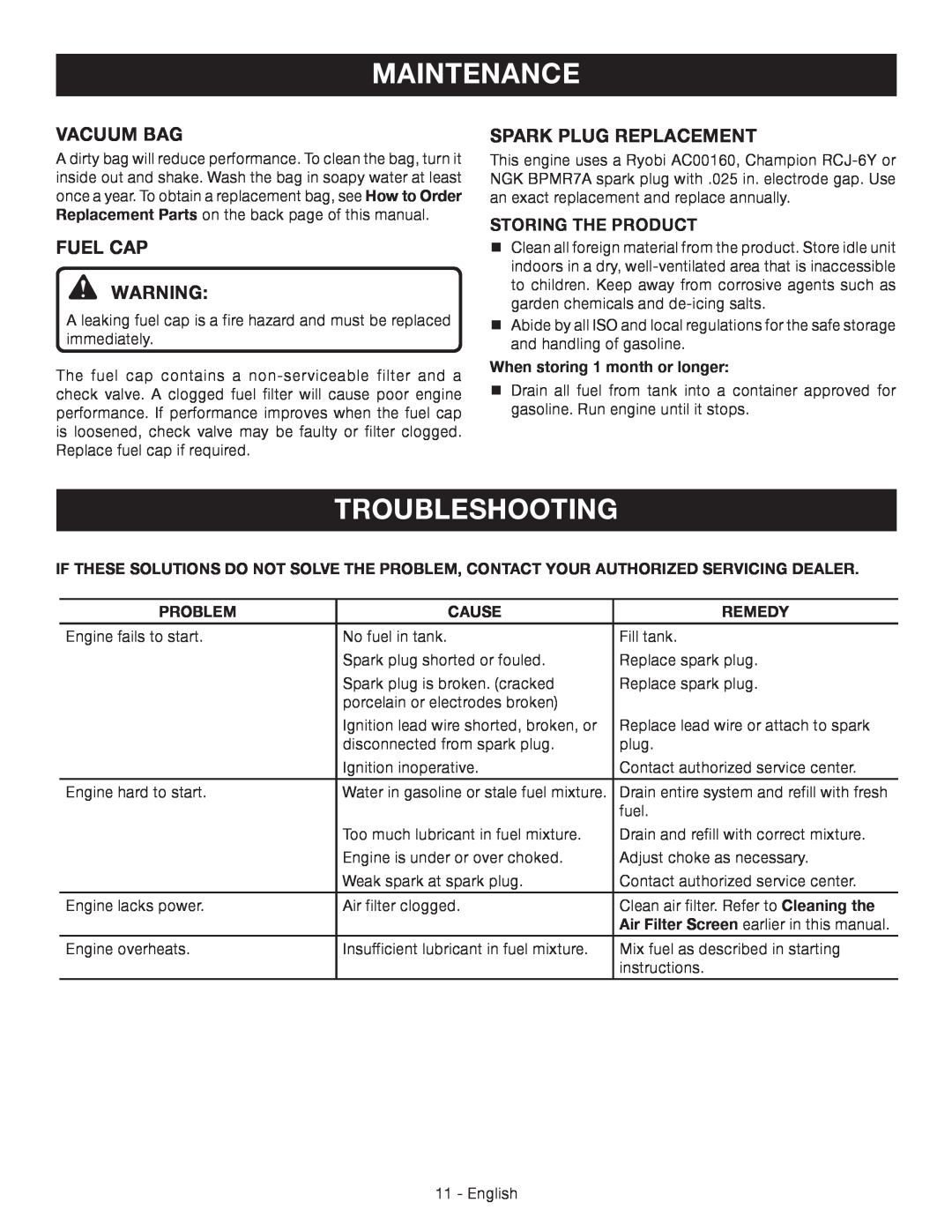 Ryobi RY09550 Troubleshooting, Vacuum Bag, Fuel Cap, SPARK PLUG replacement, Maintenance, When storing 1 month or longer 