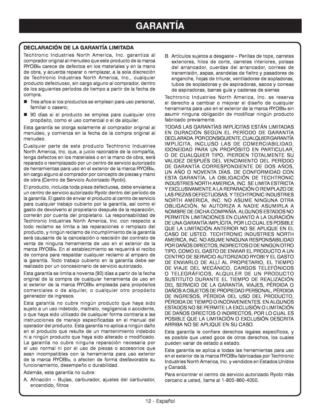 Ryobi RY09951, RY09550 manuel dutilisation Declaración De La Garantía Limitada 