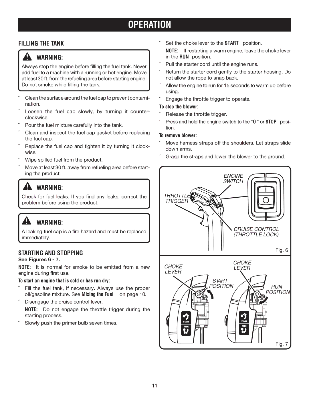 Ryobi RY09973 manual Filling the Tank, Starting and Stopping, Switch Throttle Trigger 