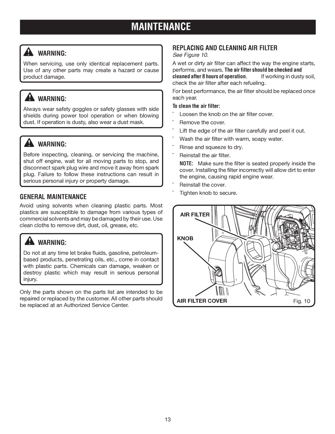 Ryobi RY09973 manual General Maintenance, Replacing and cleaning air filter, AIR Filter Cover 