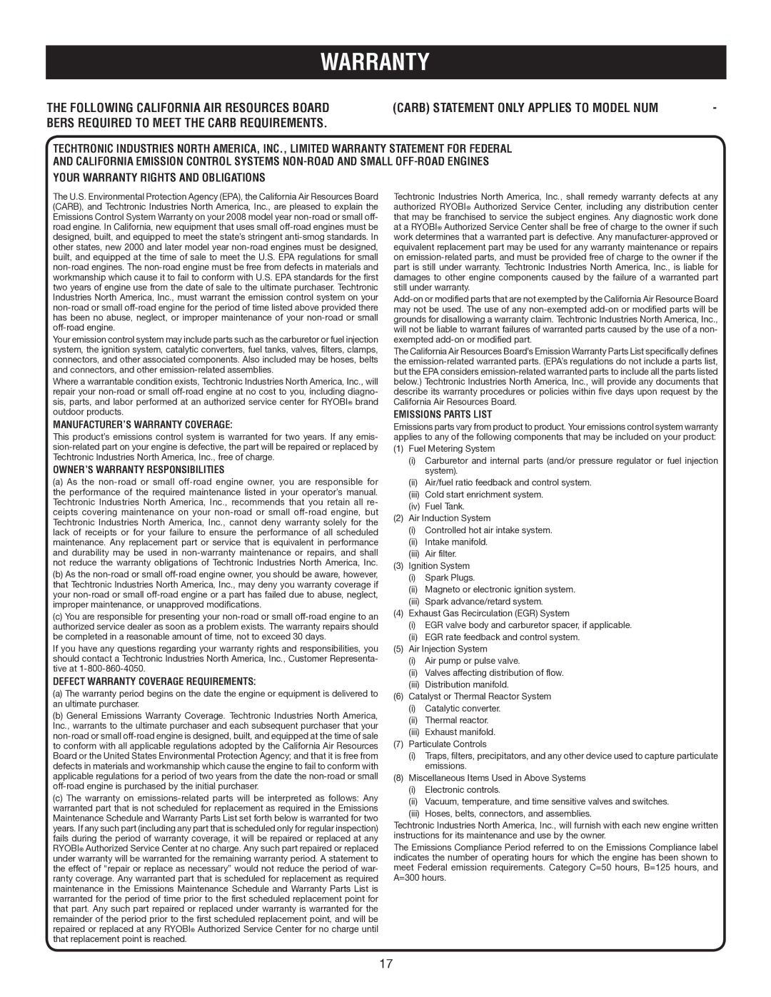 Ryobi RY09973 manual MANUFACTURER’S Warranty Coverage 