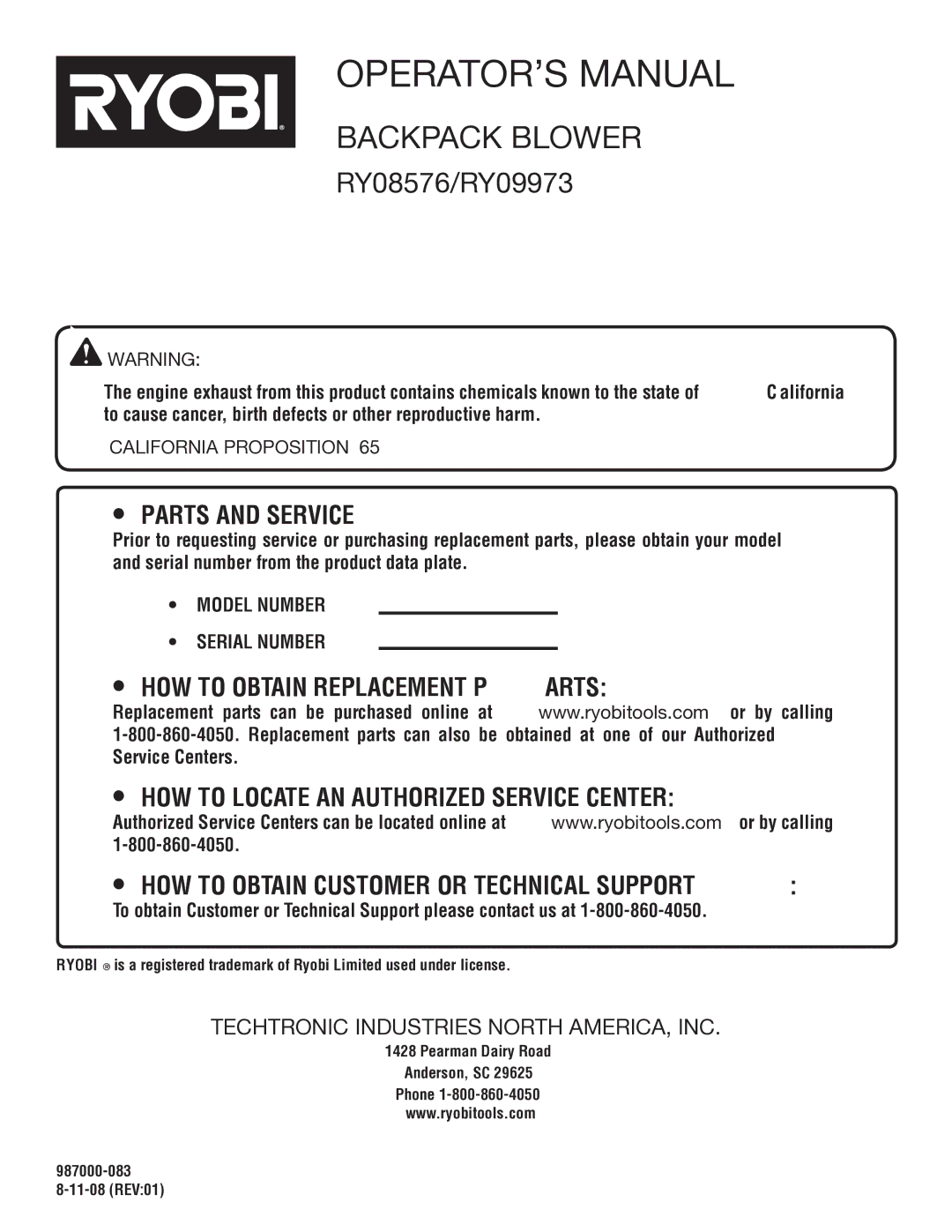 Ryobi RY09973 manual Parts and Service, California Proposition 