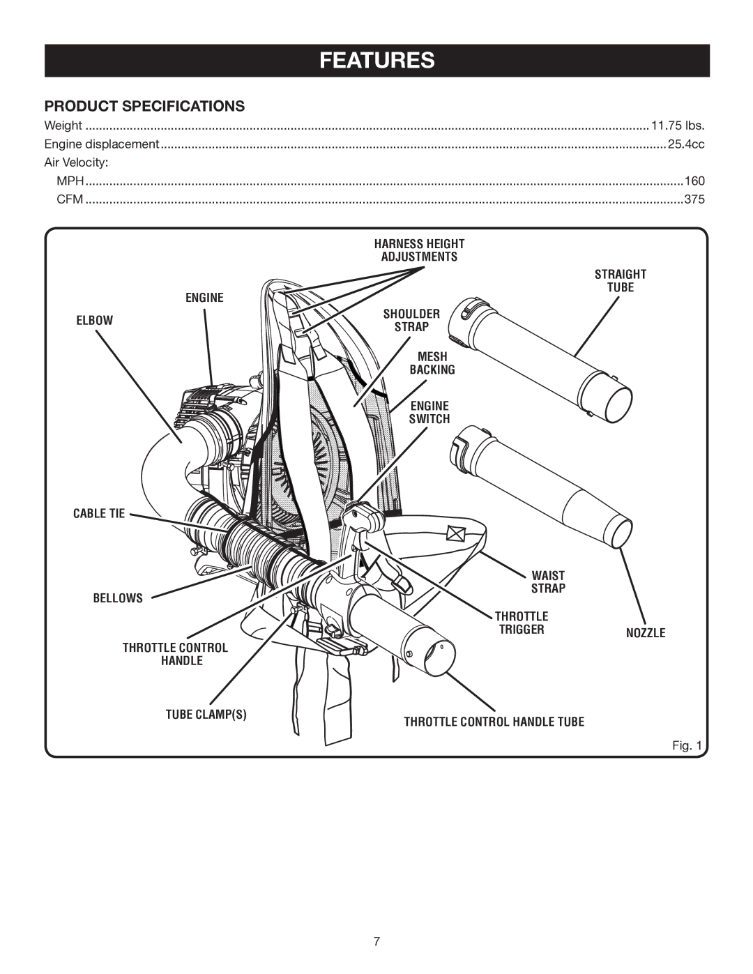 Ryobi RY09973 manual Product Specifications, Shoulder Strap, Mesh Backing Engine switch Waist 