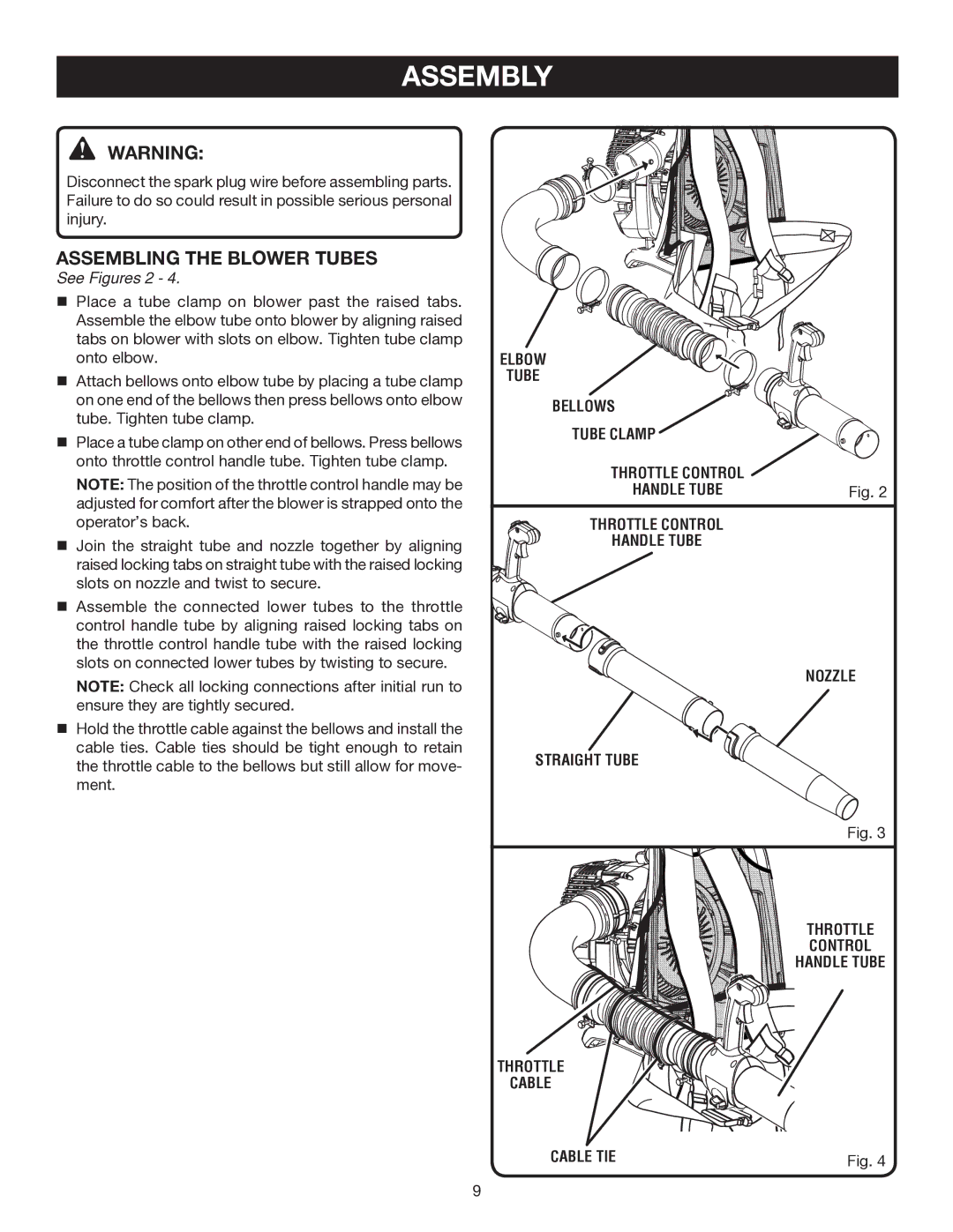 Ryobi RY09973 manual Assembling the Blower Tubes, Straight Tube, Throttle control handle tube Cable Cable tie 