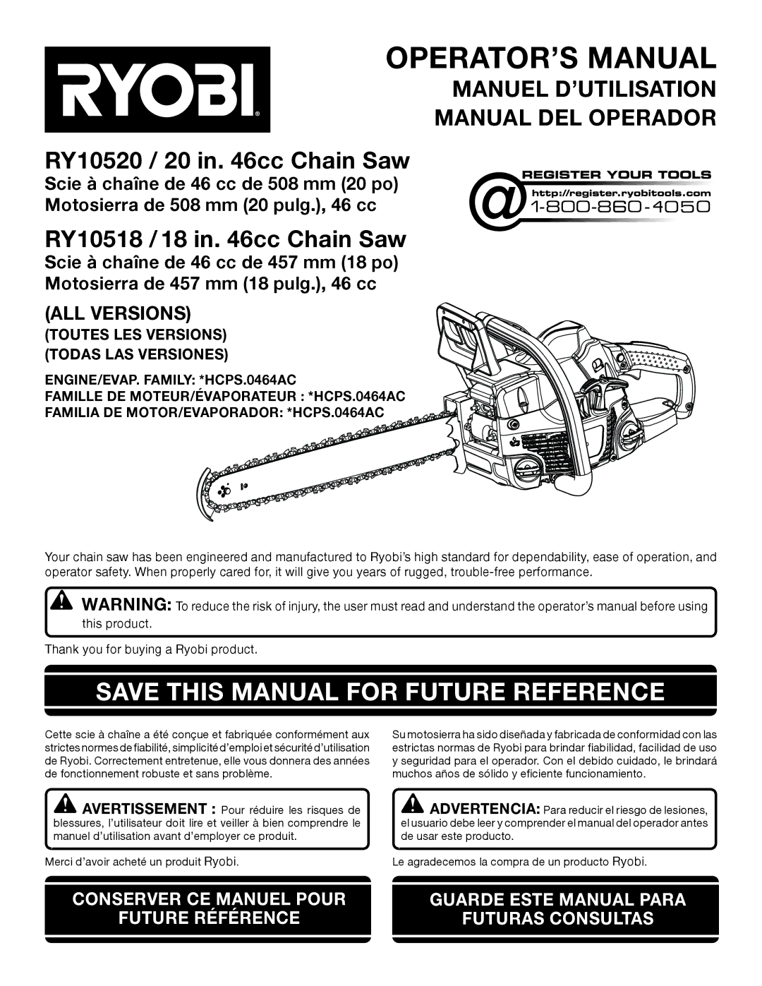 Ryobi RY10518, RY10520 manuel dutilisation Save this Manual for Future Reference, Toutes LES Versions Todas LAS Versiones 