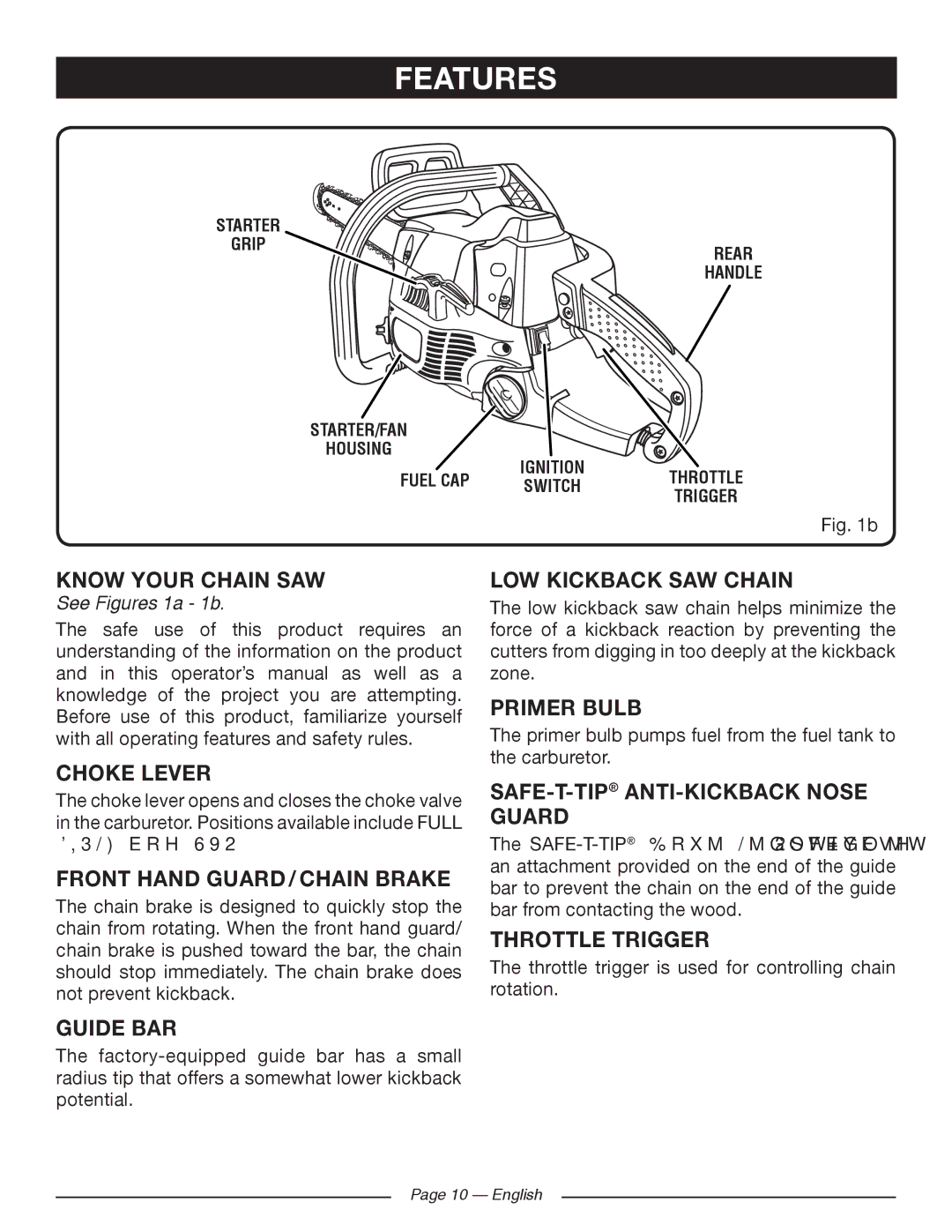 Ryobi RY10520 Know Your Chain SAW, Choke Lever, Front Hand GUARD / CHAIN Brake, LOW Kickback SAW Chain, Primer Bulb 