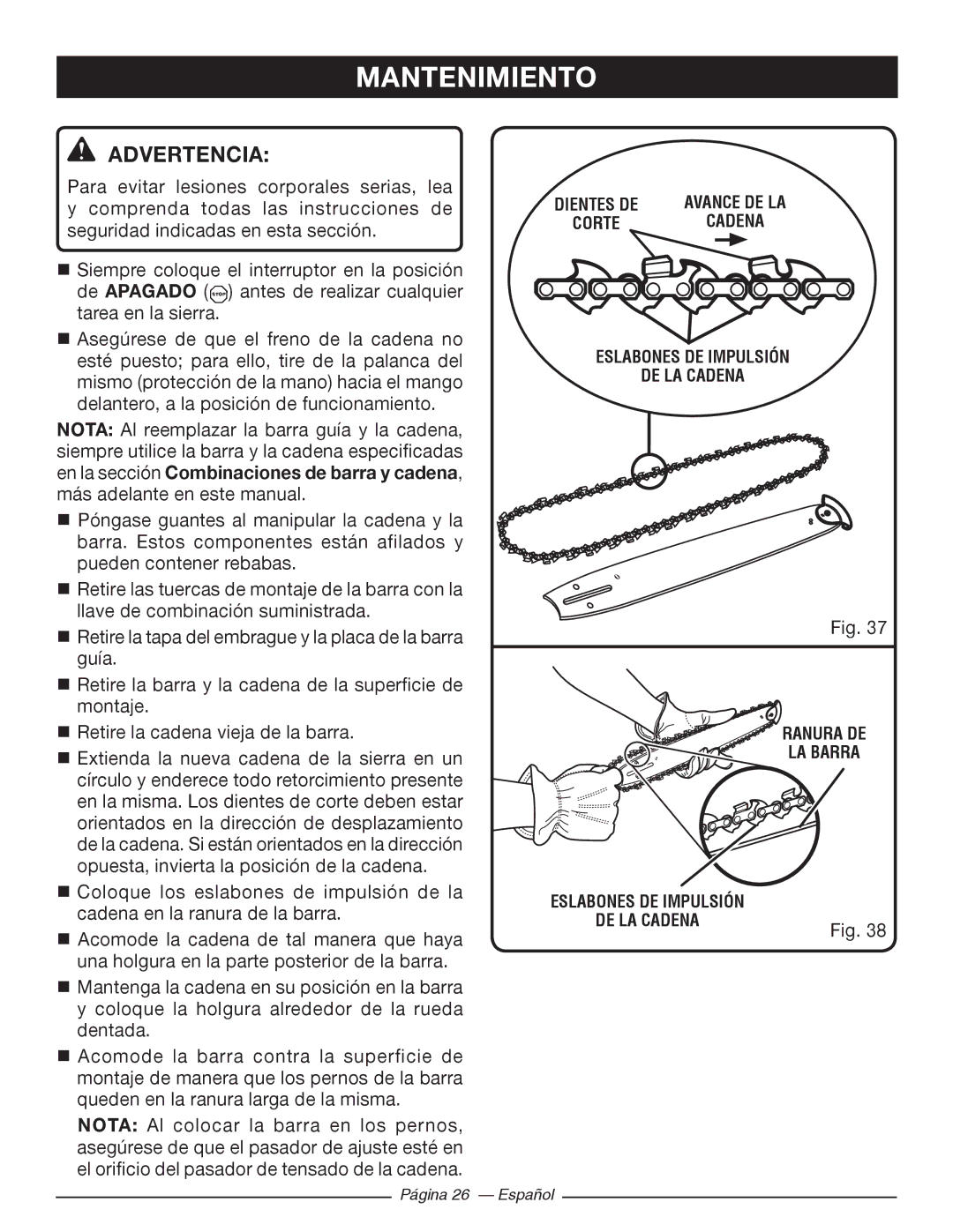 Ryobi RY10520, RY10518 manuel dutilisation Eslabones DE Impulsión DE LA Cadena 