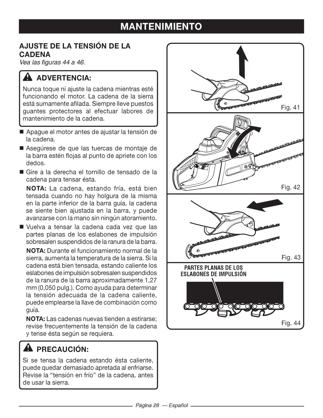 Ryobi RY10520, RY10518 manuel dutilisation Ajuste DE LA Tensión DE LA Cadena, Vea las figuras 44 a 