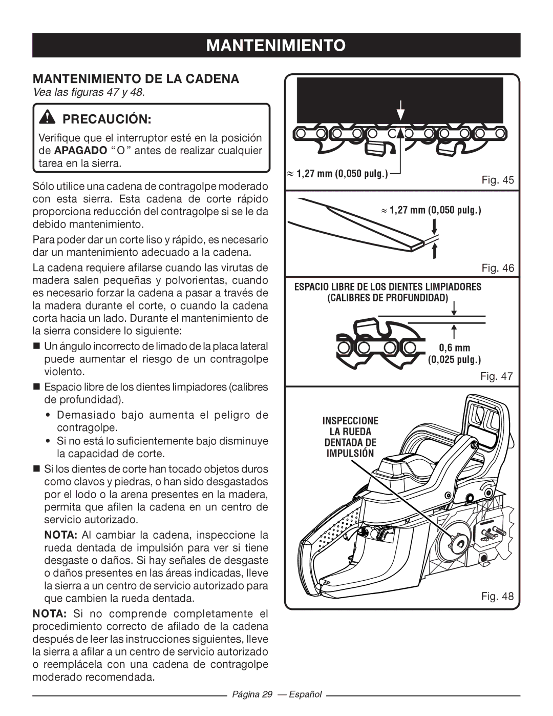 Ryobi RY10518, RY10520 manuel dutilisation Mantenimiento DE LA Cadena, Vea las figuras 47 y 