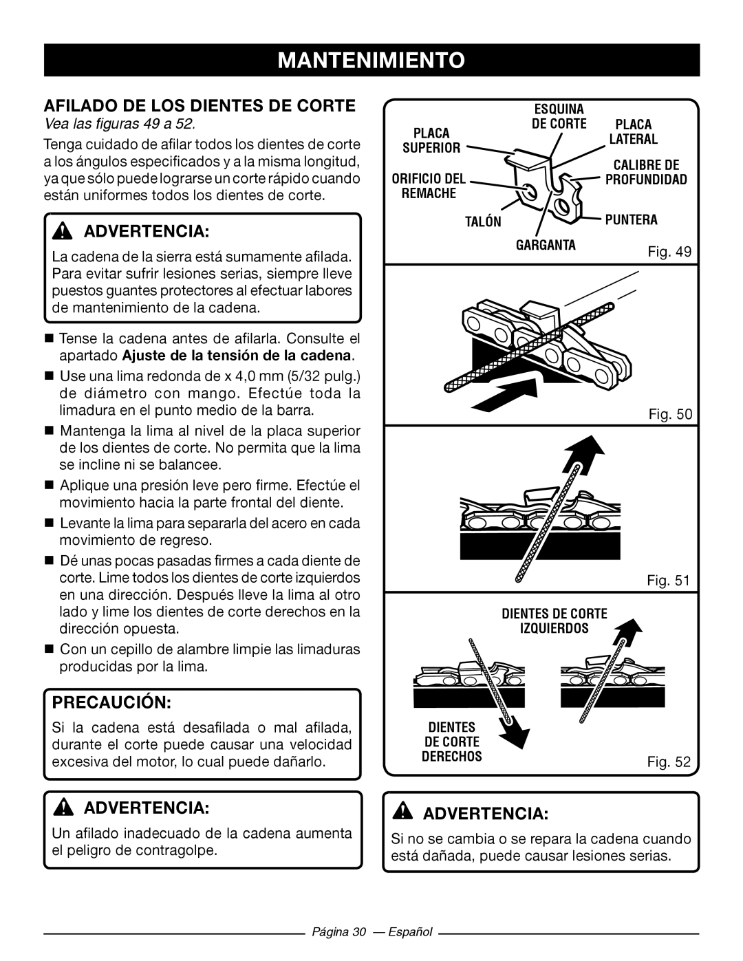 Ryobi RY10520, RY10518 manuel dutilisation Afilado DE LOS Dientes DE Corte, Vea las figuras 49 a 